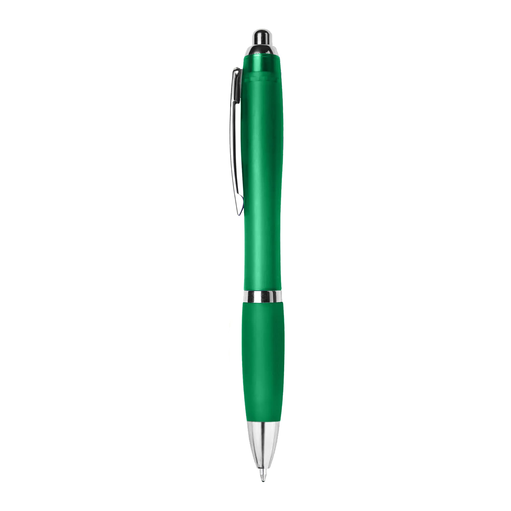 A plastic pen in vibrant green with a silver clip and accents. The pen features a smooth grip.