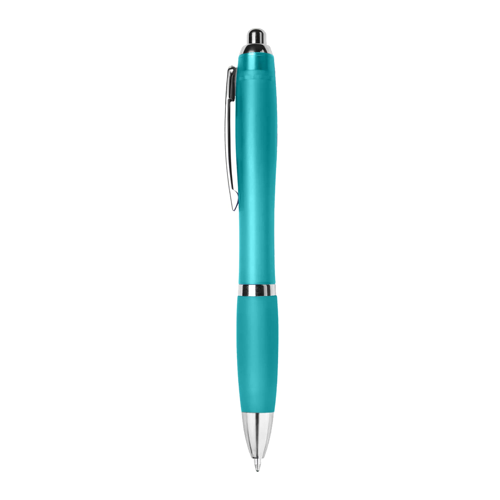A turquoise plastic pen with a silver accent and a clip. It has a sleek design and a branded logo.