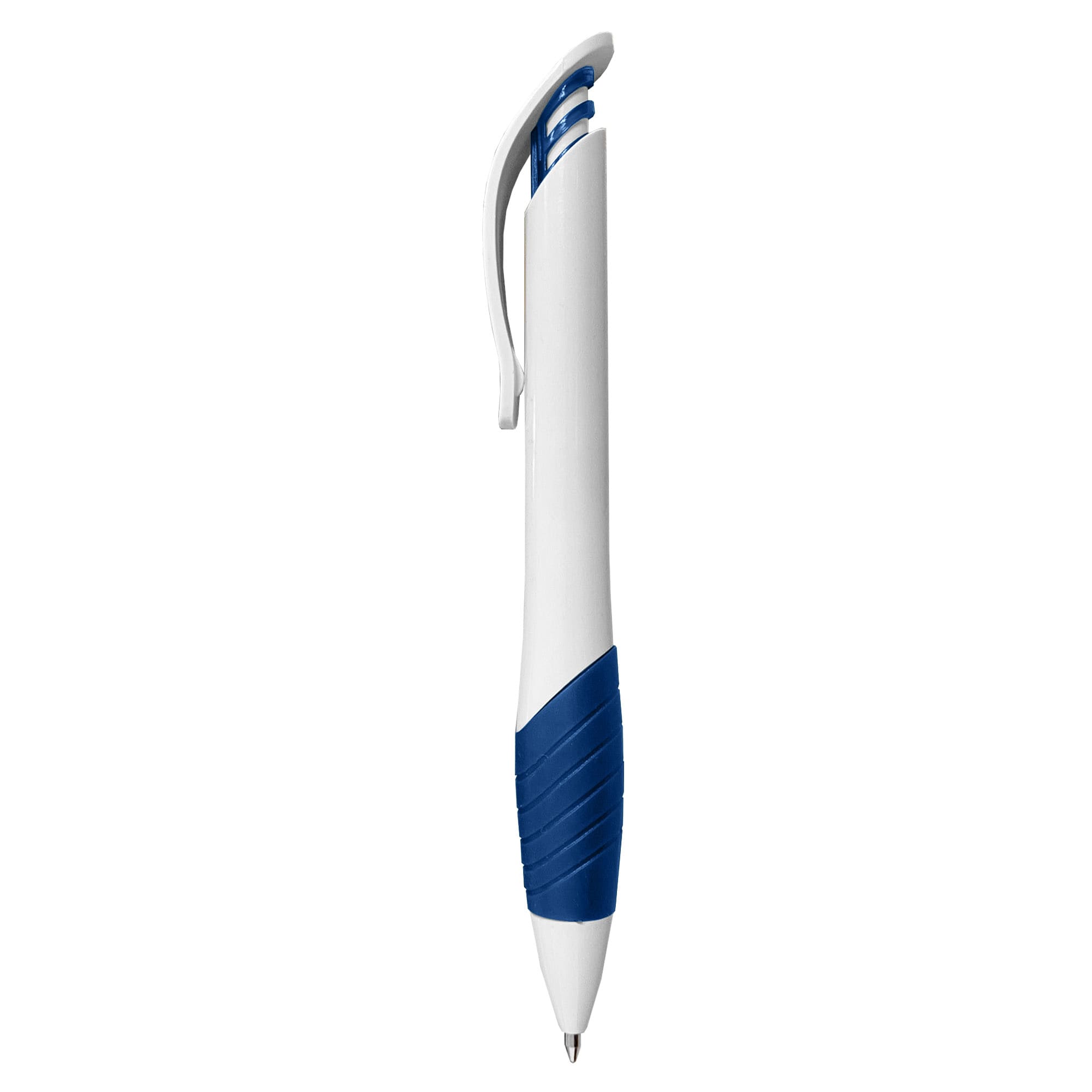 A plastic pen featuring a white barrel with a blue grip and clip, adorned with a logo.