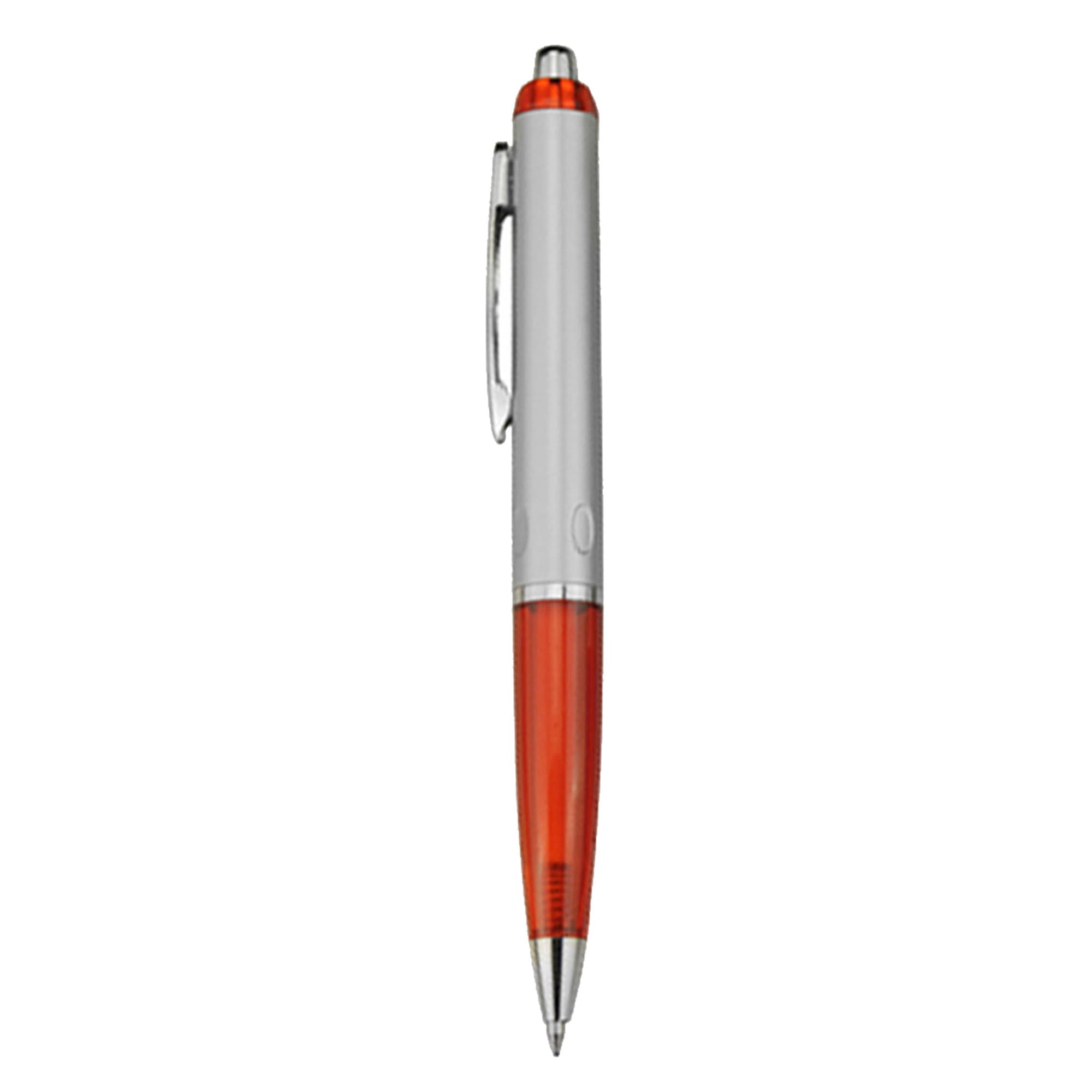 A plastic pen with a silver barrel and an orange grip, featuring a silver clip and a logo.