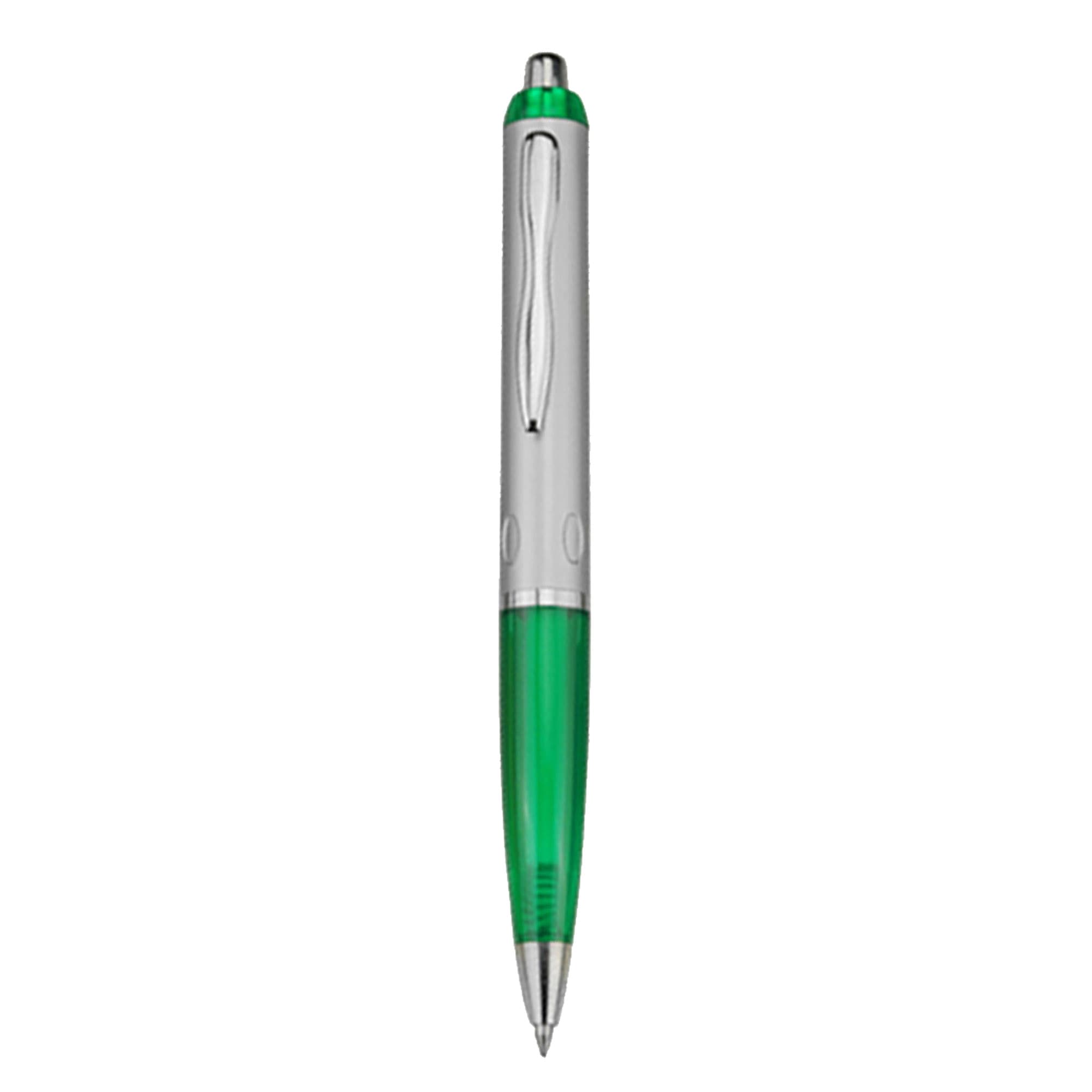 A plastic pen with a green barrel and silver accents, featuring a logo on the barrel.