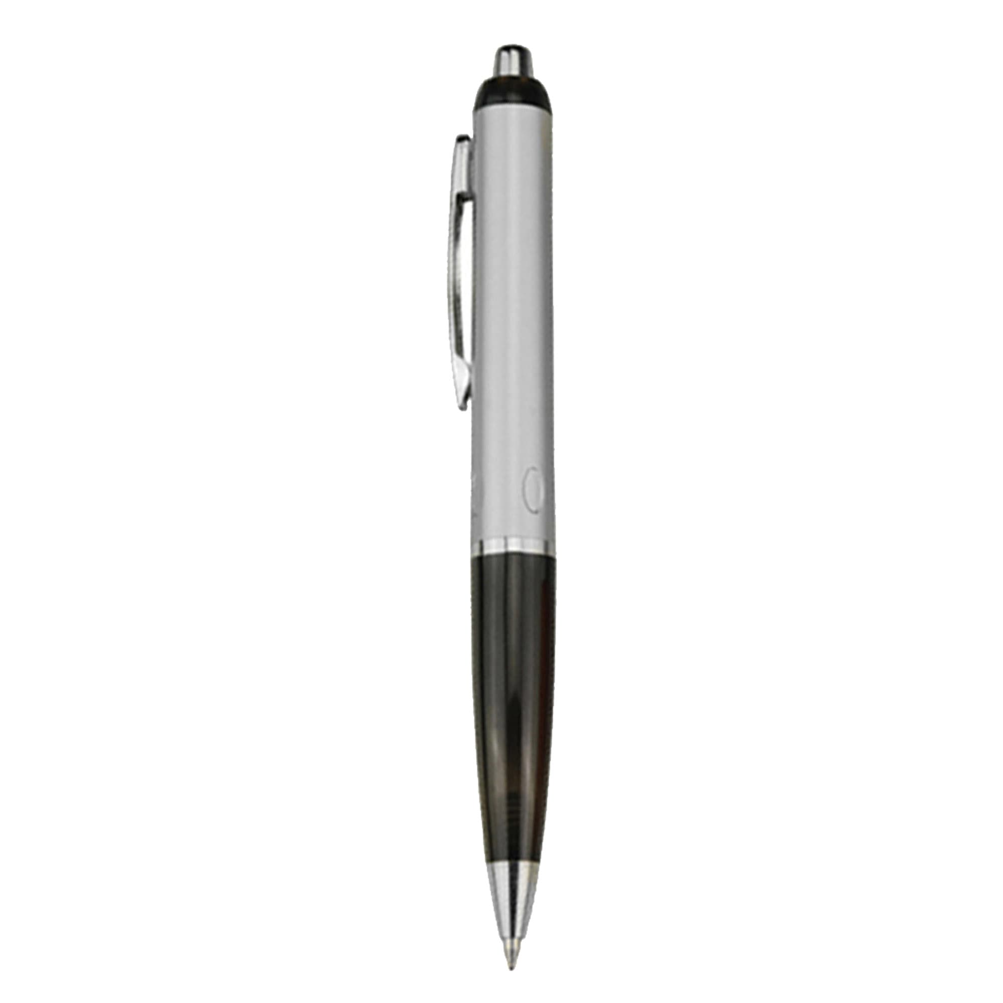 A plastic pen featuring a silver body and black grip, with a clip and a chrome accent. It has a logo on the barrel.
