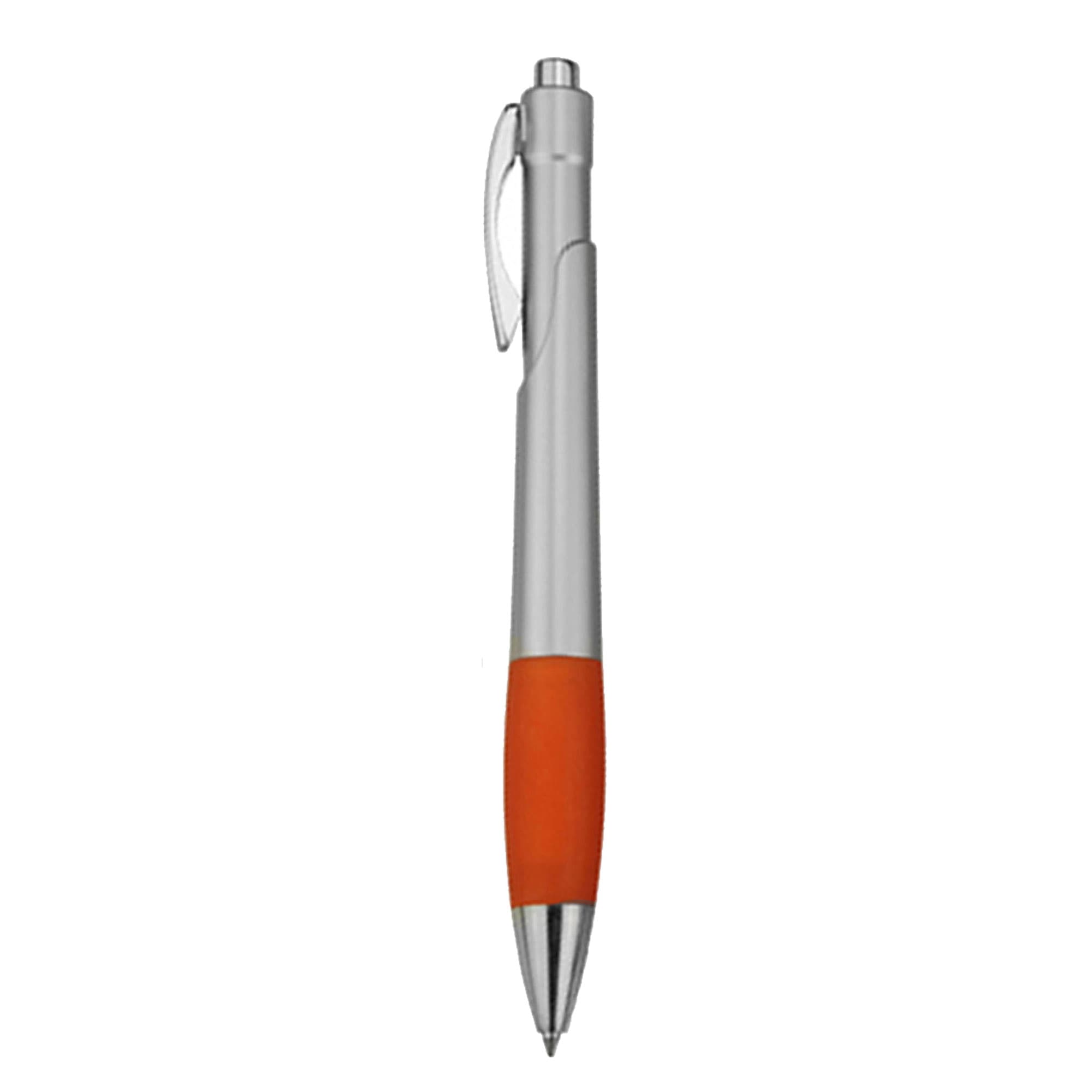 A plastic pen with a silver barrel and an orange rubber grip, featuring a clip and a shiny tip.