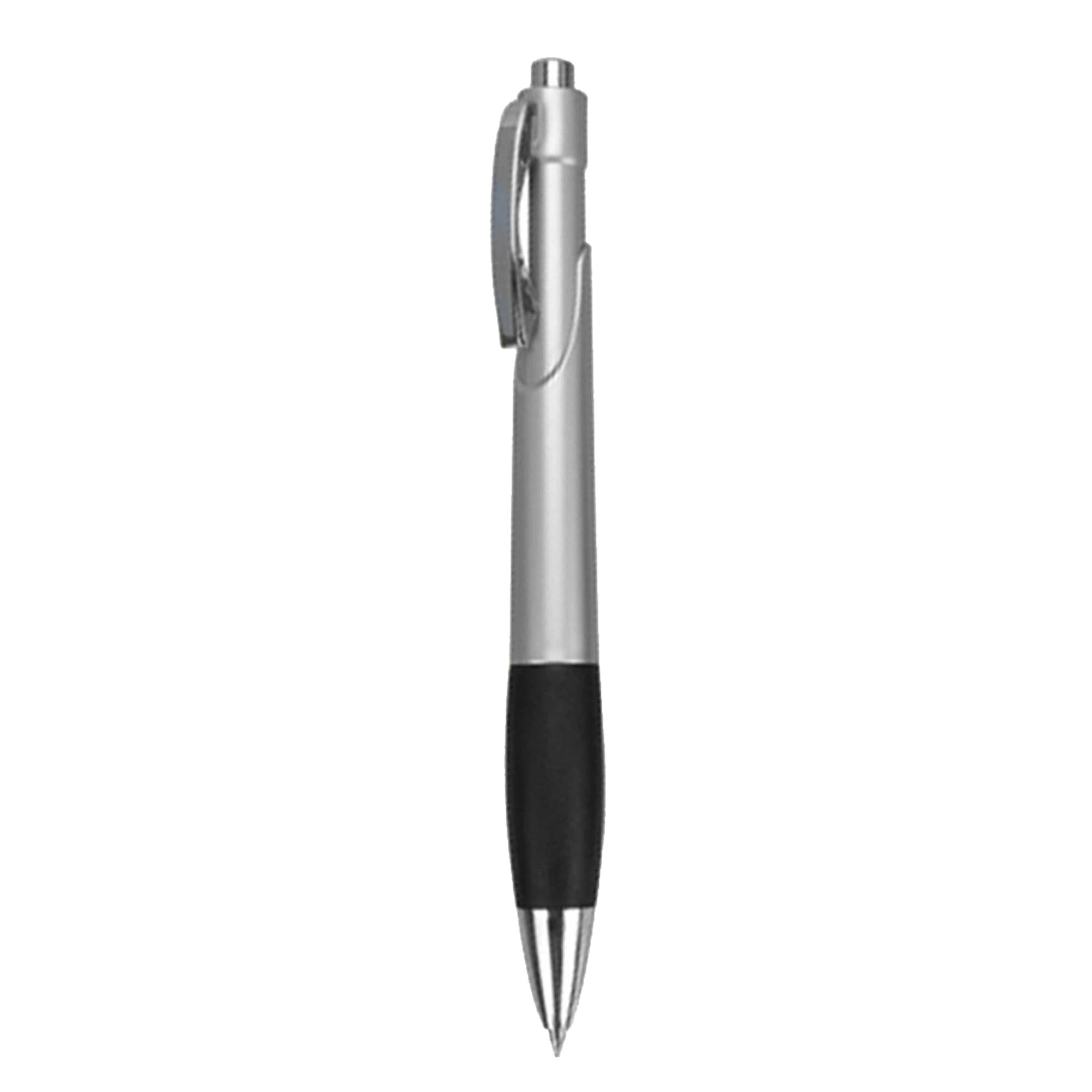 A silver plastic pen with a black grip and clip, featuring a branding logo.
