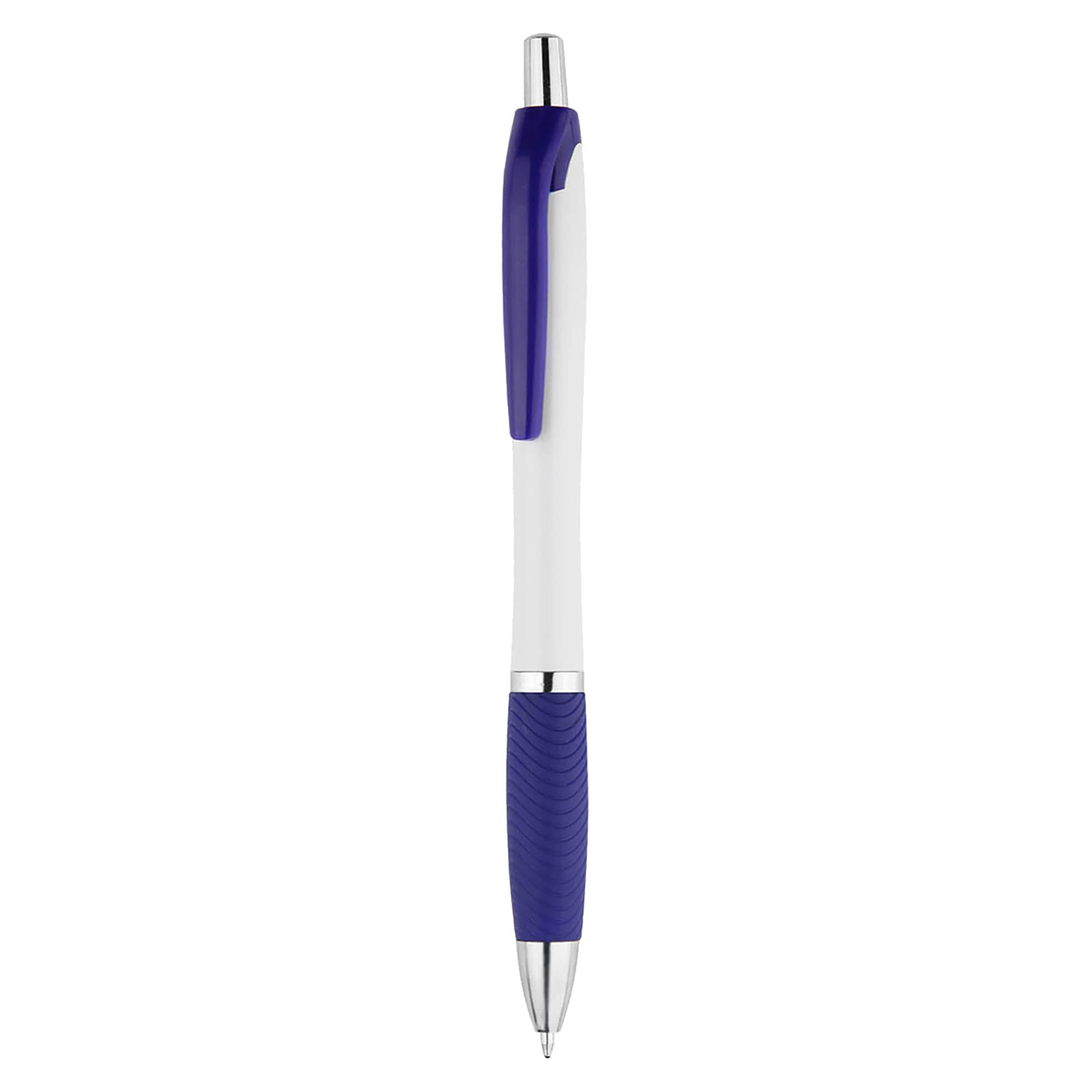 A plastic pen featuring a white body and purple accents, with a textured grip for easy handling. It has a logo.