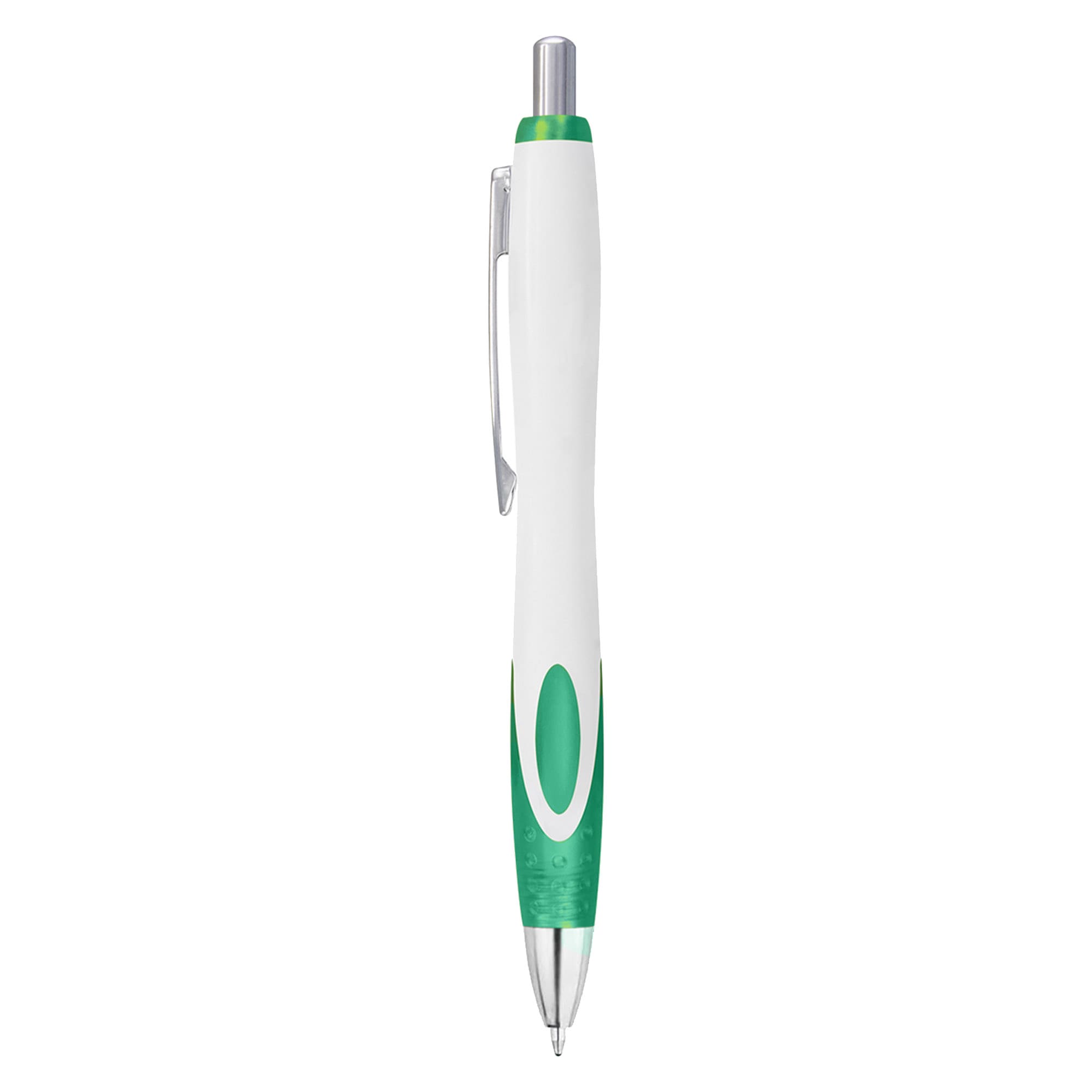 A plastic pen in white with green accents and a silver clip, featuring a logo on the body.