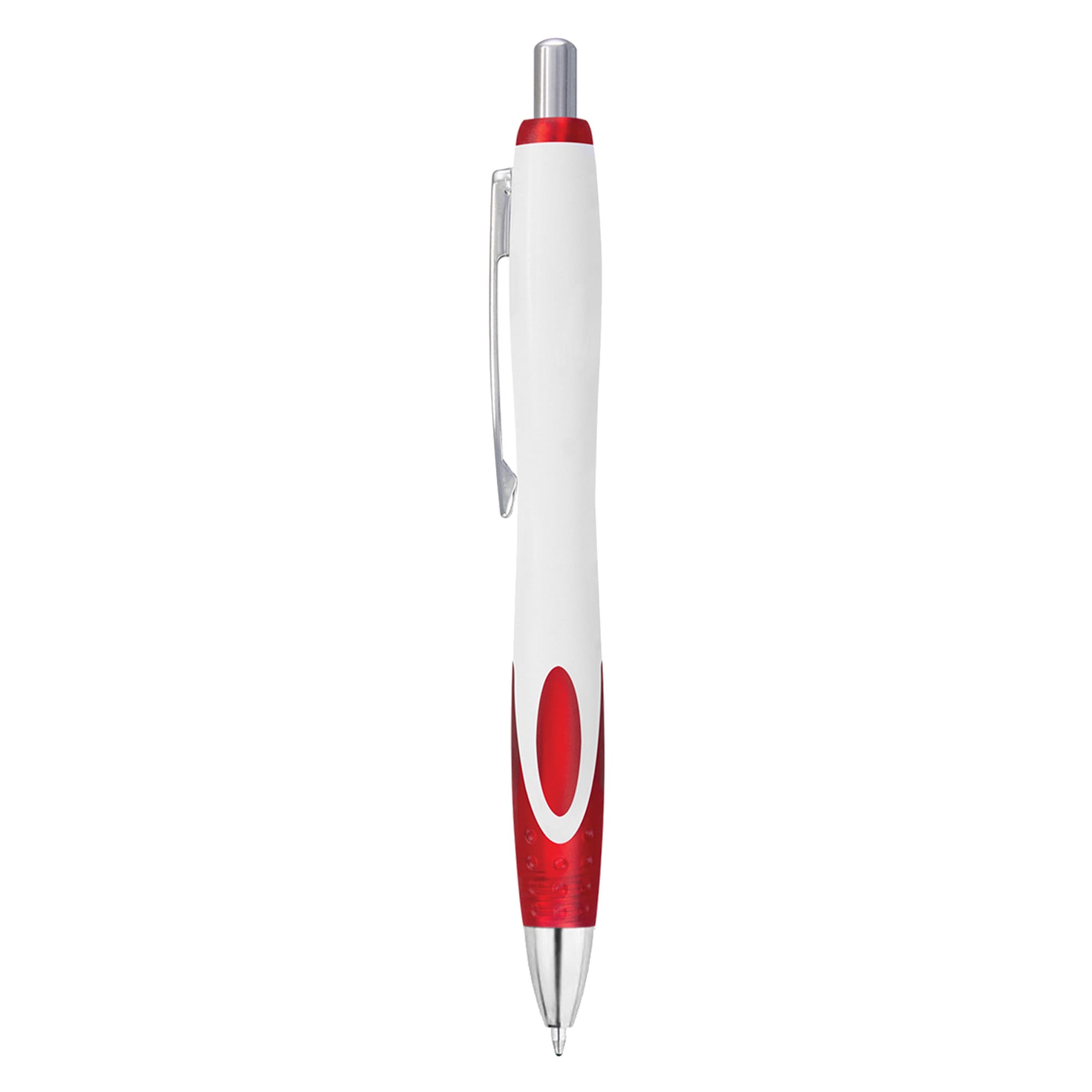 A plastic pen in white with red accents, featuring a clip and a sleek design. It has a logo on the barrel.