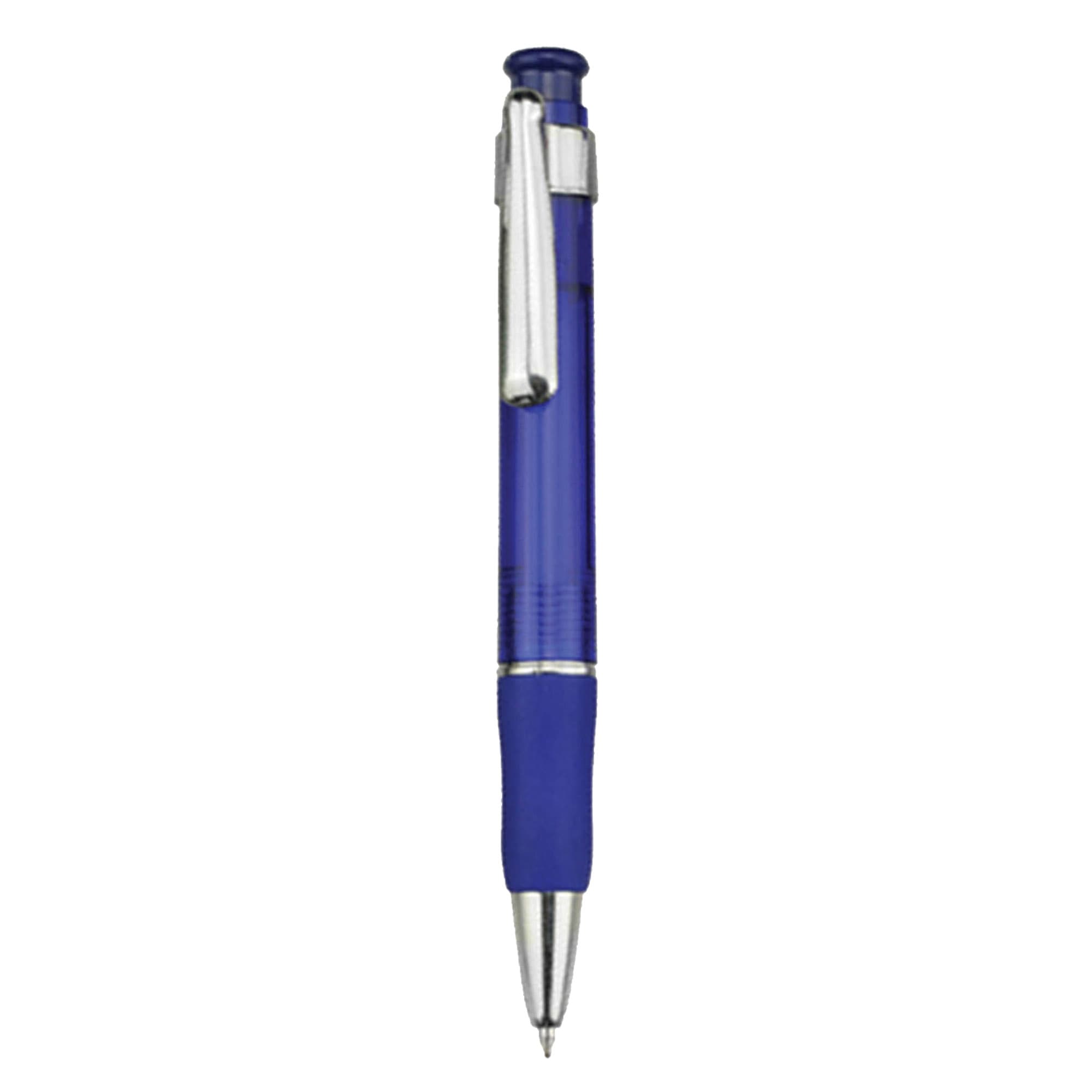 A blue plastic pen with a silver clip and grip, featuring a streamlined design and a logo.