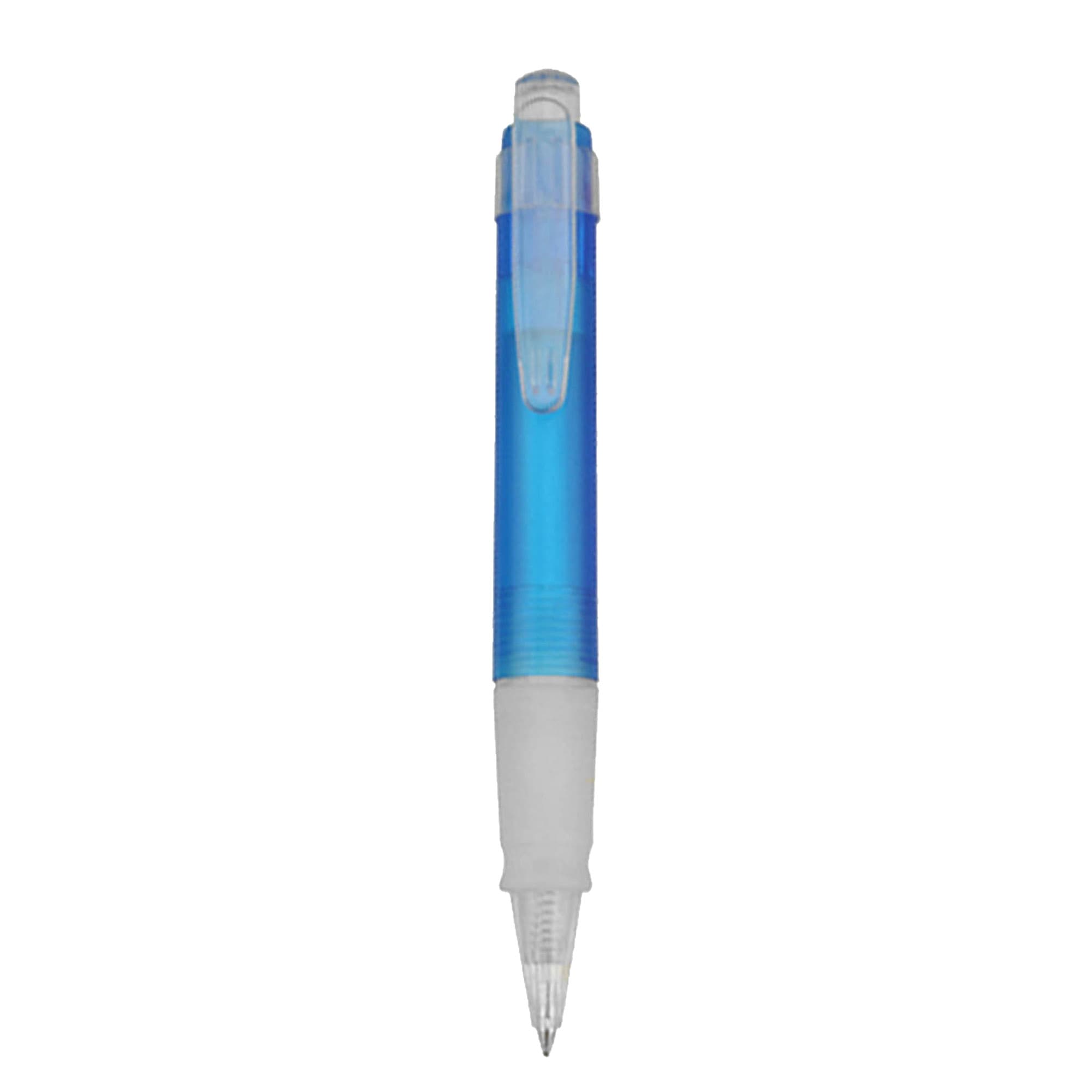 A plastic pen with a transparent blue barrel and a white grip. It features a click mechanism and a clear top.