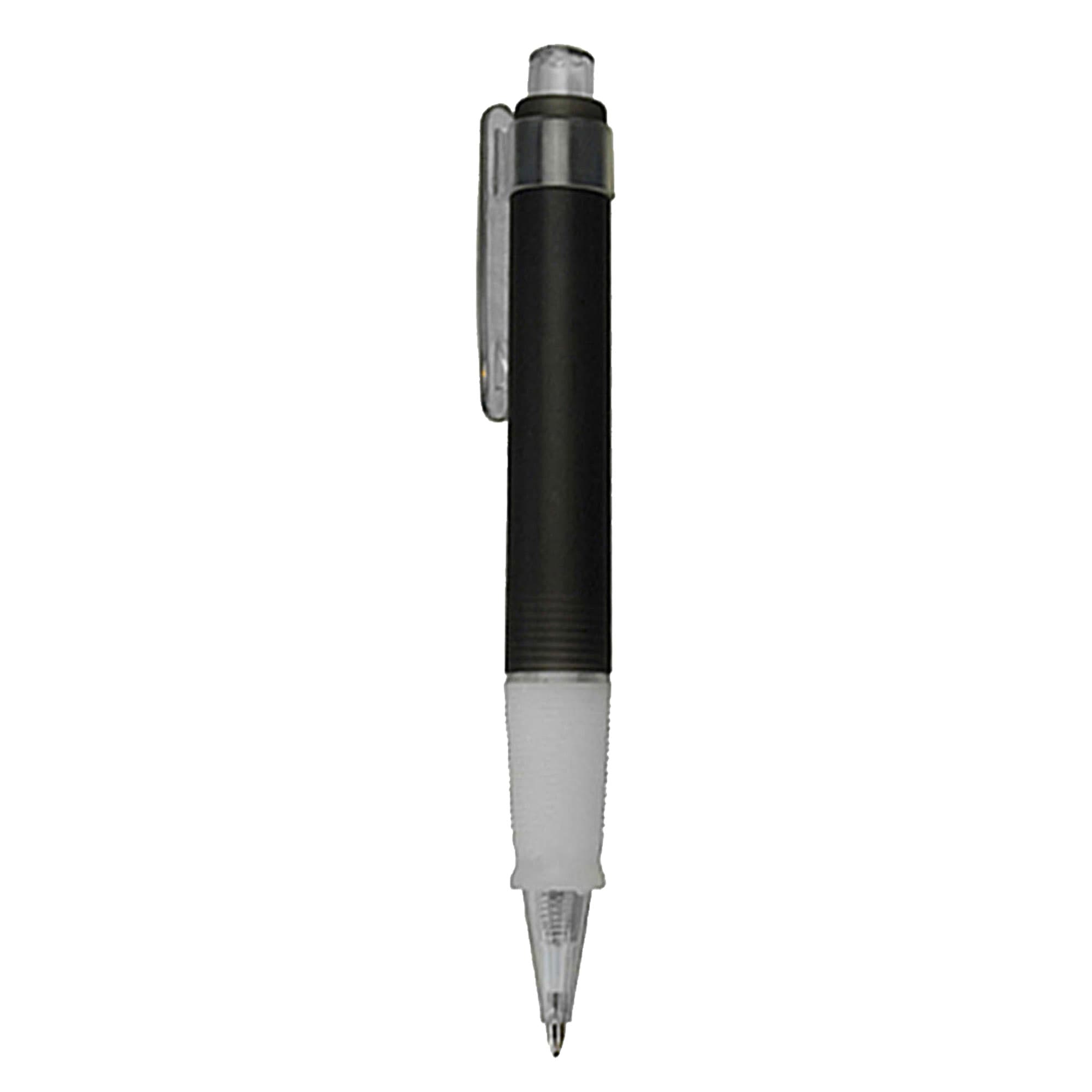 A black plastic pen with a silver clip and a transparent tip. The pen has a textured grip for better handling.