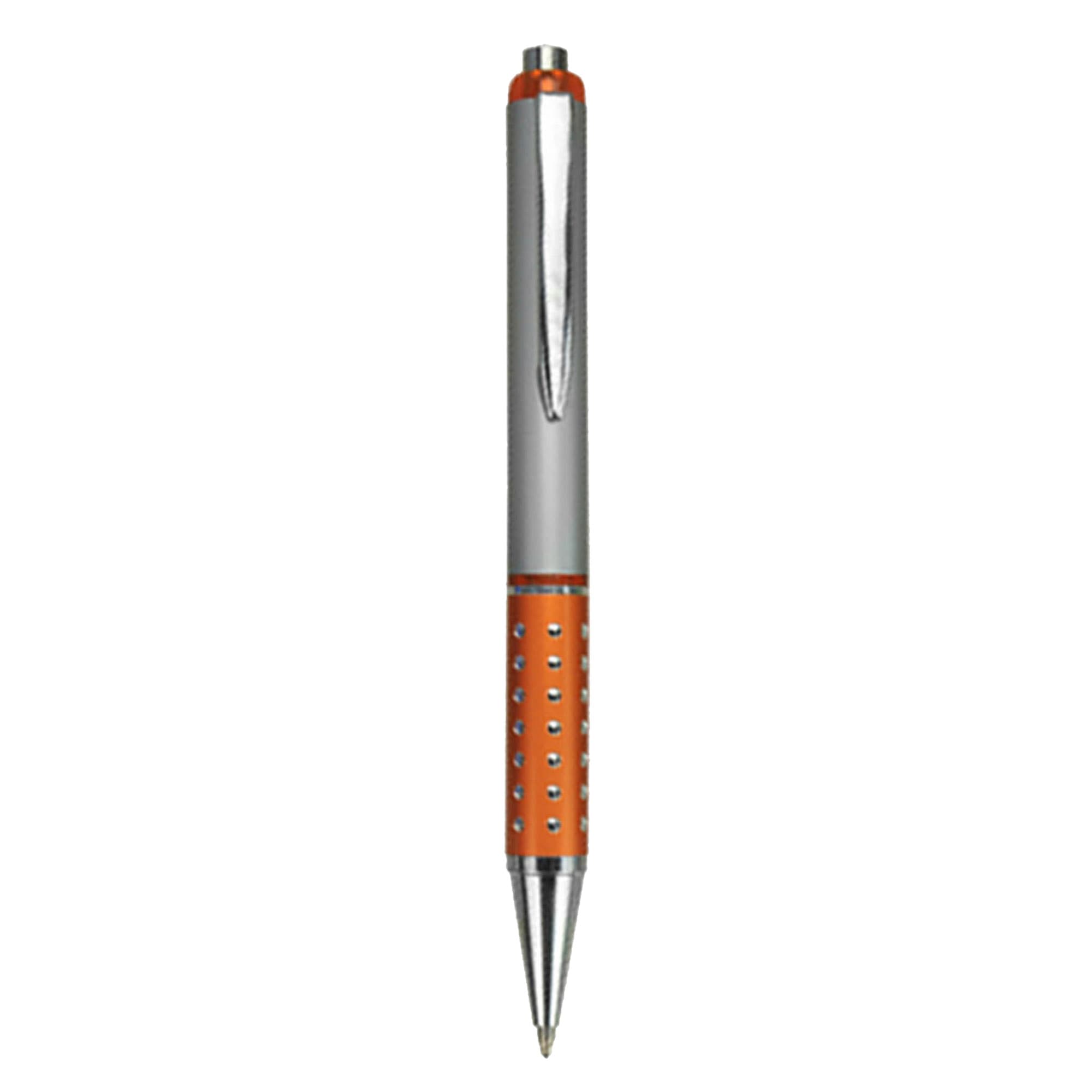 A plastic pen featuring an orange grip and silver accents, with a logo on the barrel.