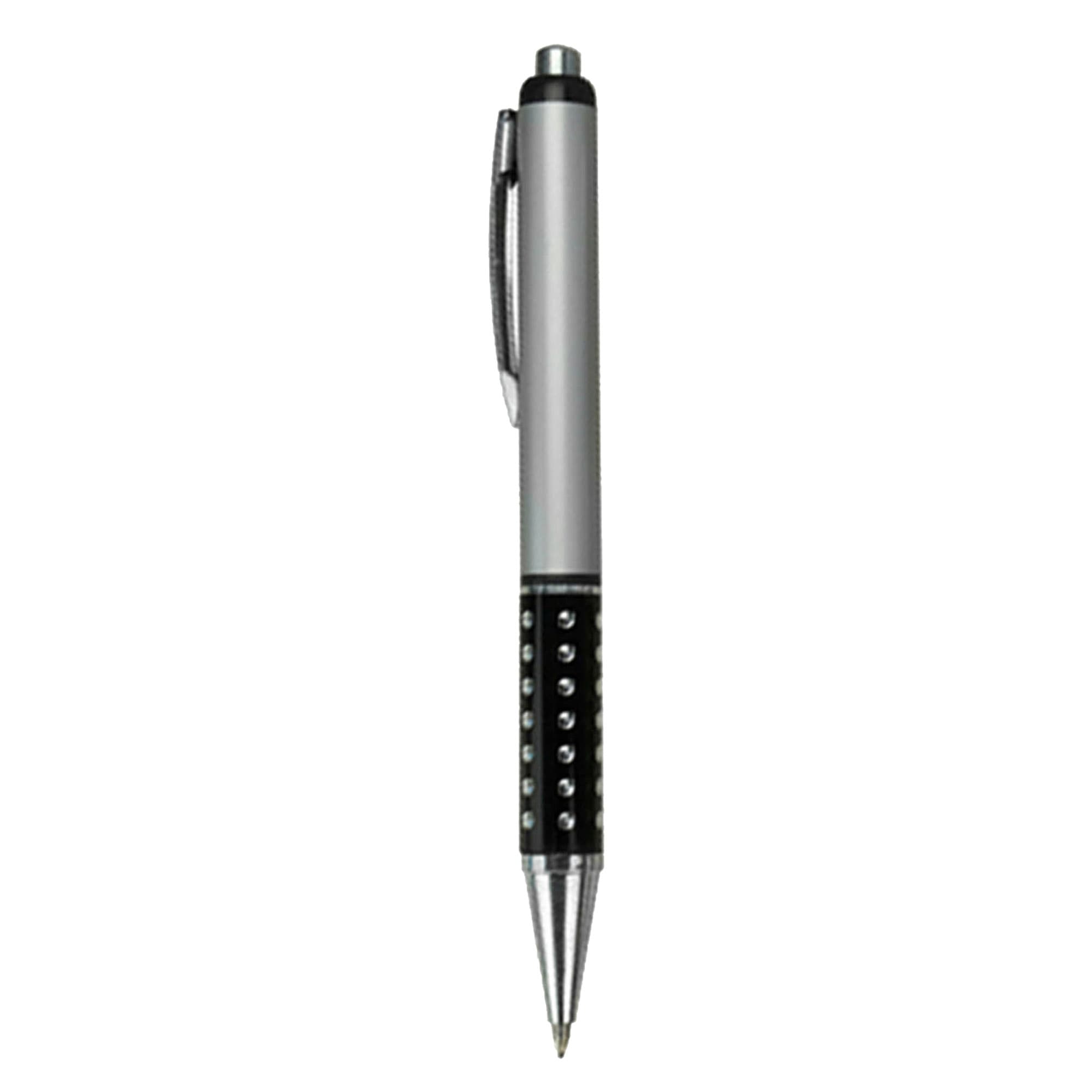 A plastic pen in silver and black featuring a textured grip and a clip, with decorative embellishments.