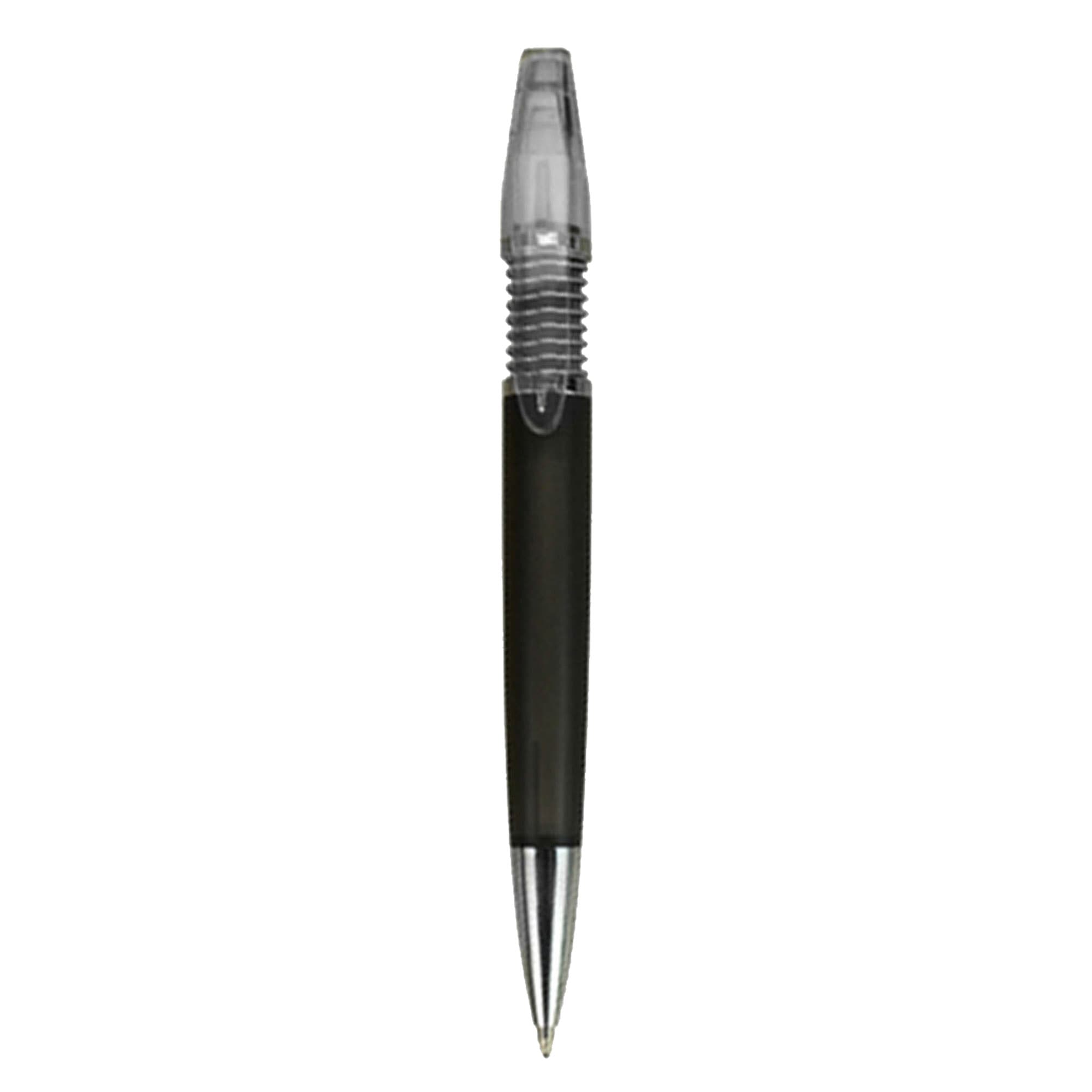 A black plastic pen with a clear cap and metallic accents. It features a logo on the barrel.