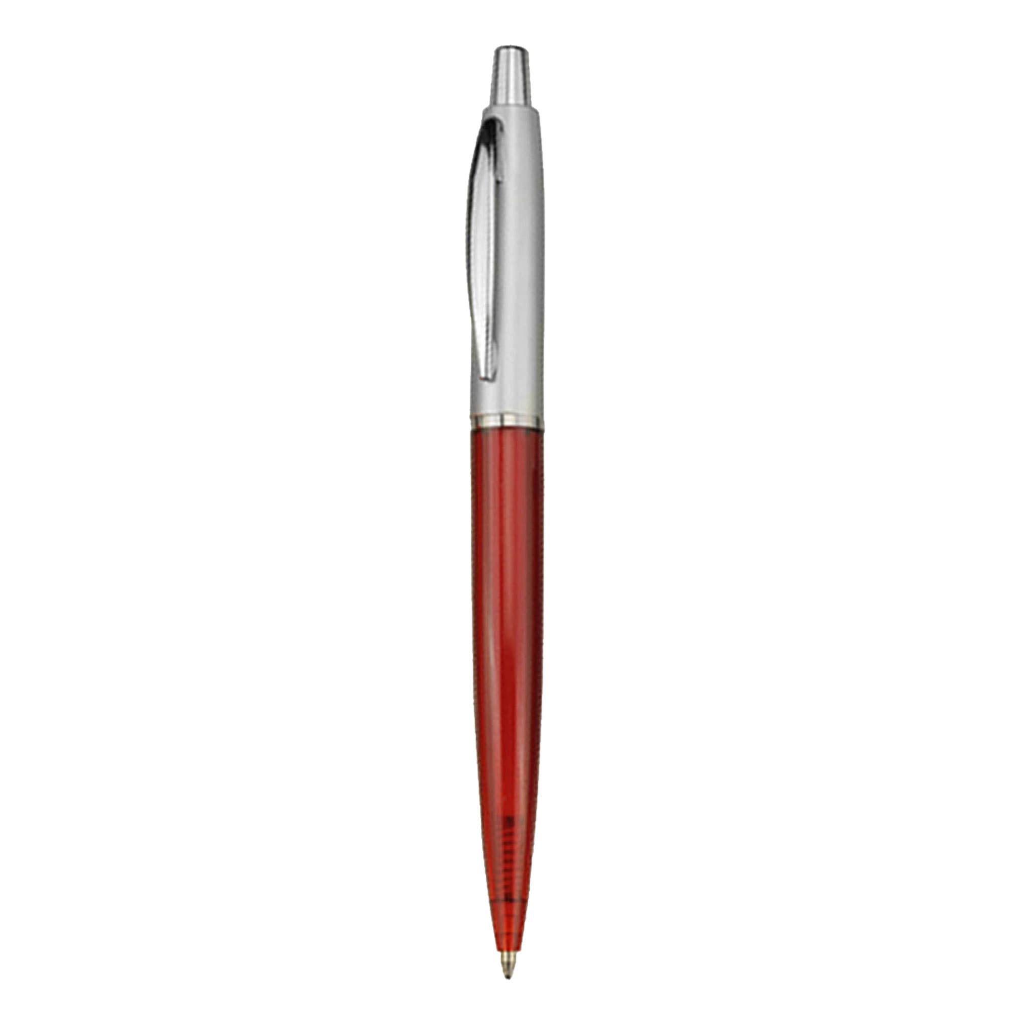 A plastic pen with a red barrel and silver accents, featuring a clip and a ballpoint tip.