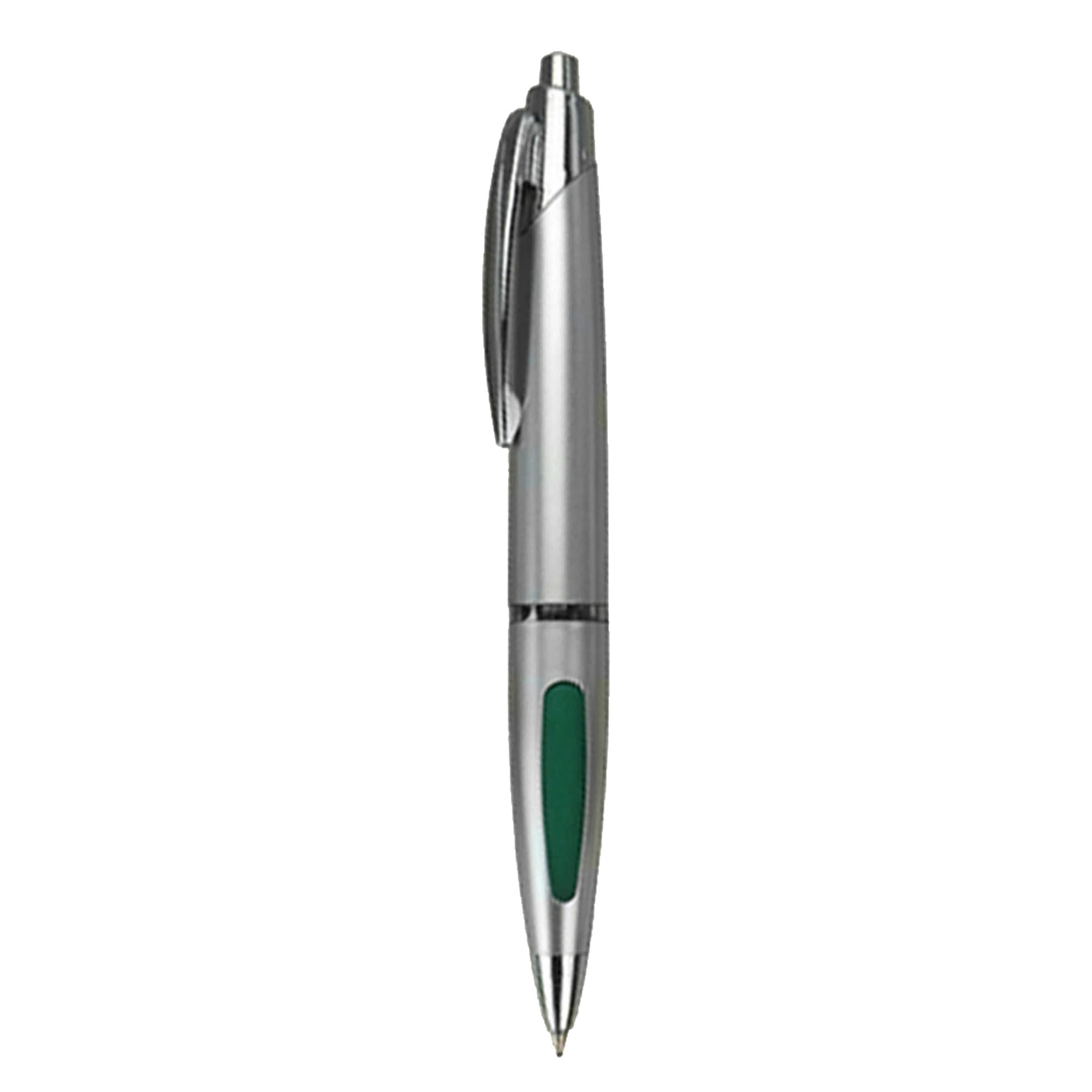 A metal pen in silver with a green grip, featuring a clip and a logo.