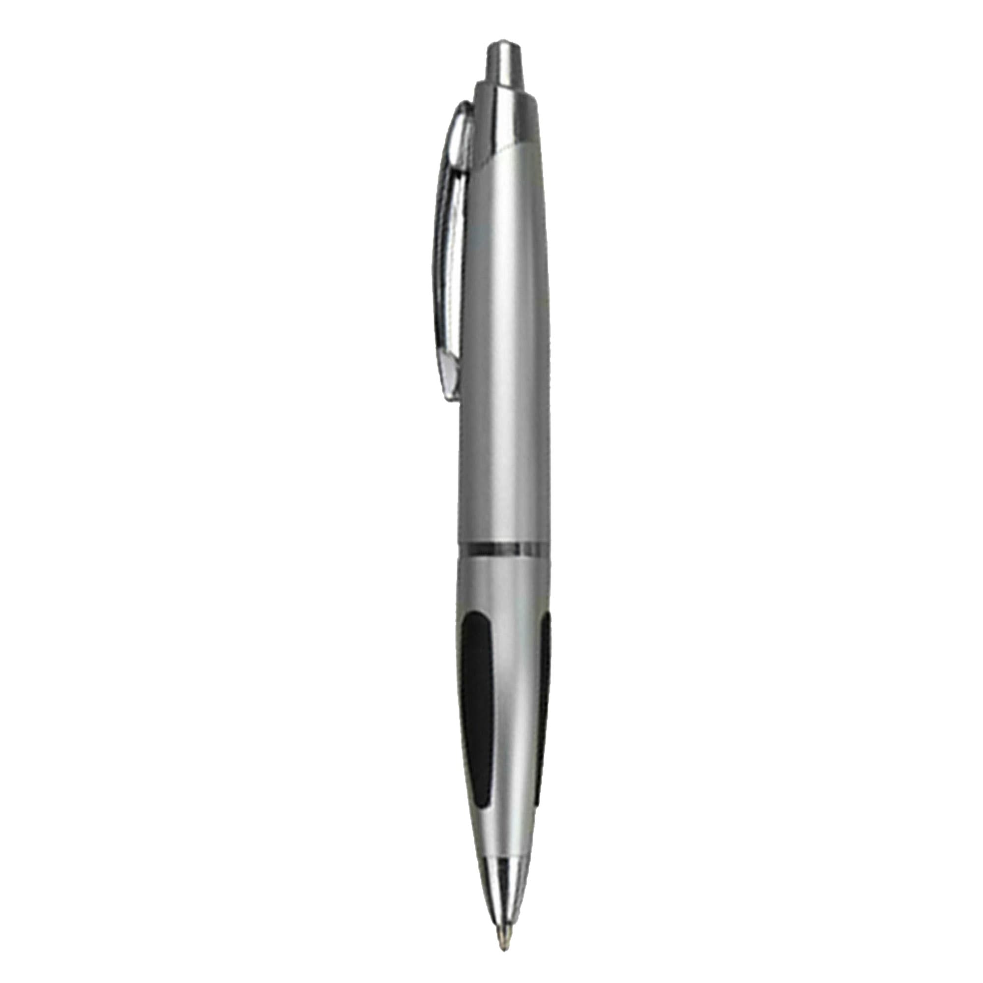 A silver plastic pen with a black grip and clip, featuring a reflective finish and a streamlined design.