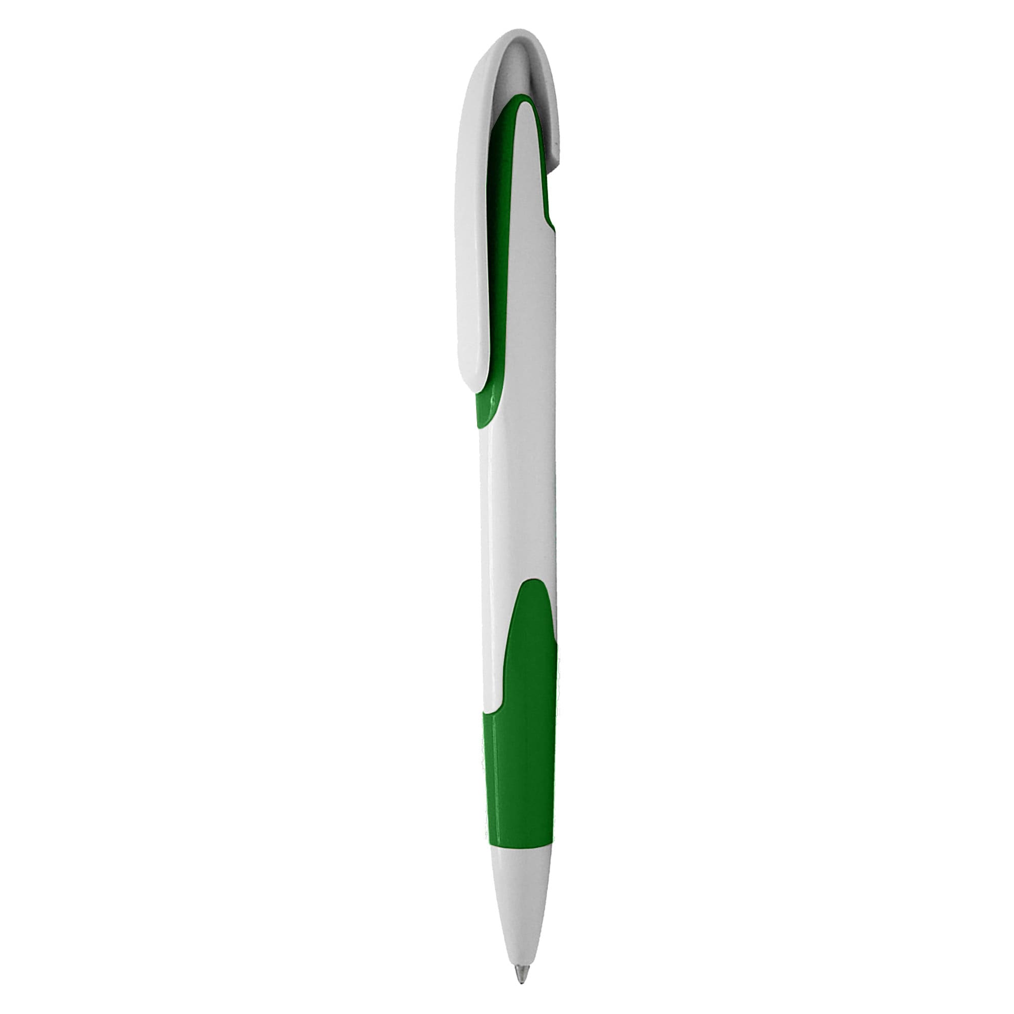 A plastic pen with a white body and green accents, featuring a clip for easy attachment.