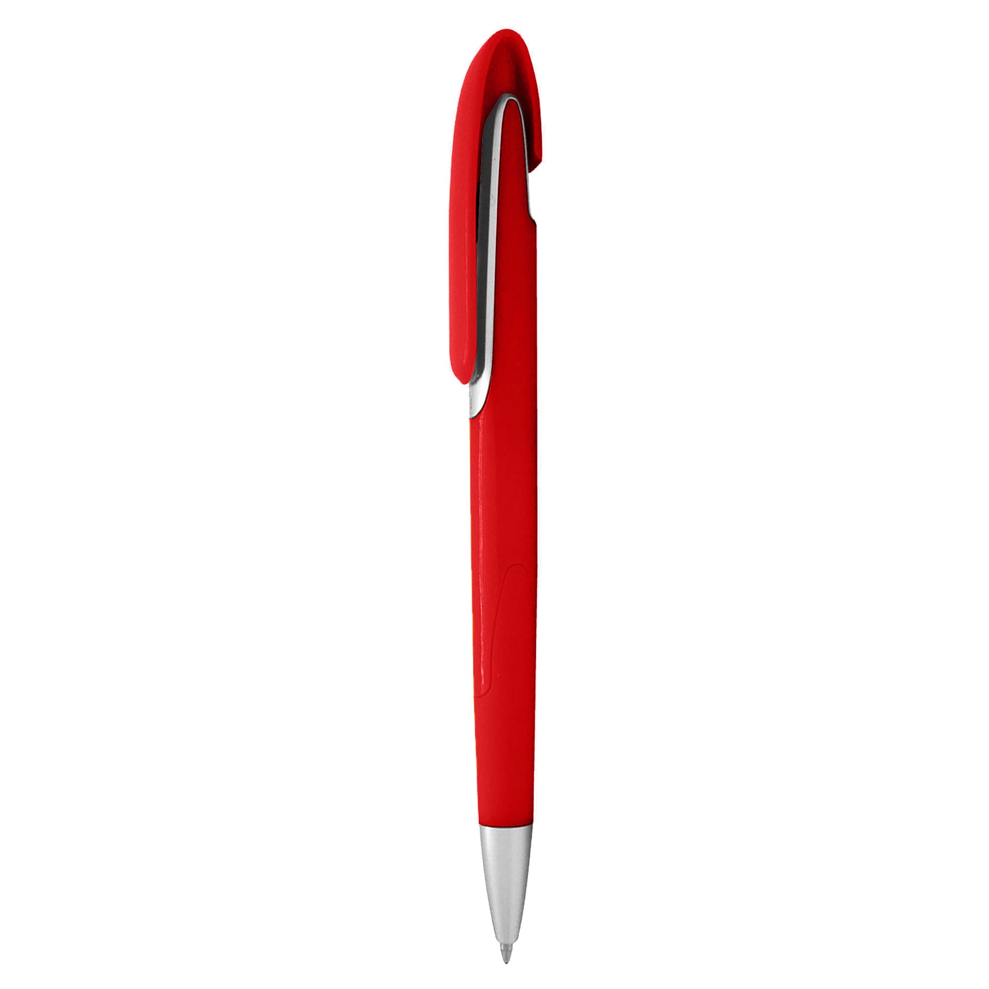 A red plastic pen with a sleek design and clip, featuring a shiny silver tip. Includes a logo.