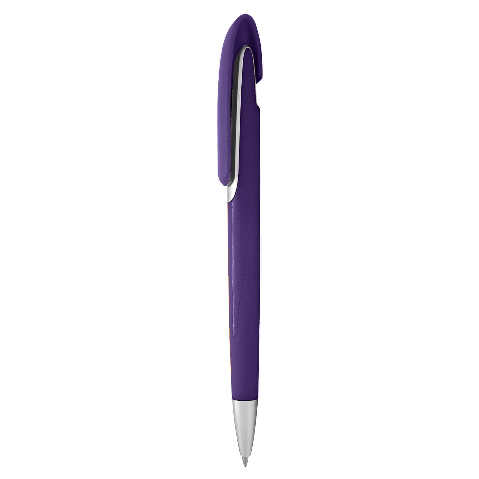 A plastic pen in vibrant purple with a silver clip and smooth design. It features a branding logo.