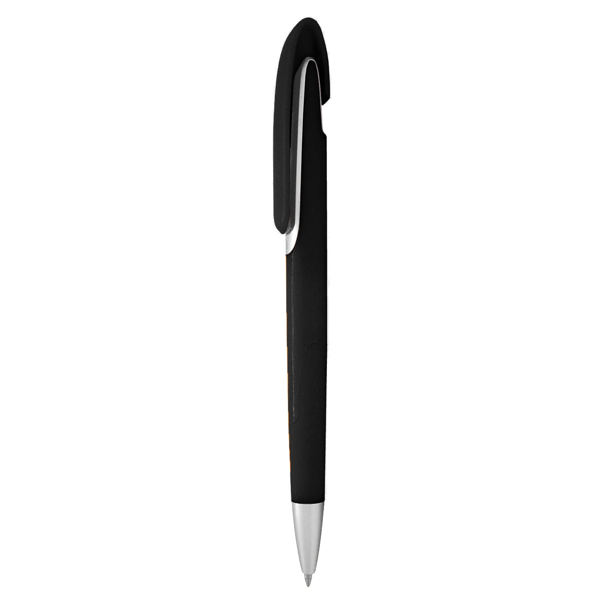 A black plastic pen with a sleek design and a silver clip. It features a logo on its surface.