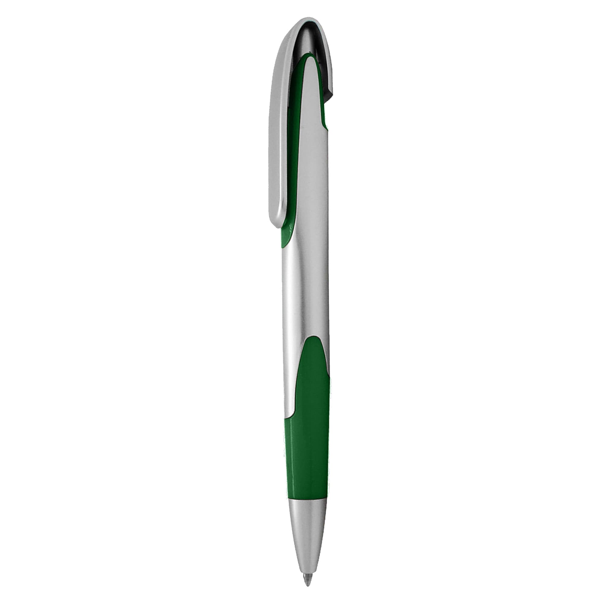 A plastic pen with a silver barrel and green grip, featuring a clip and a branding logo.