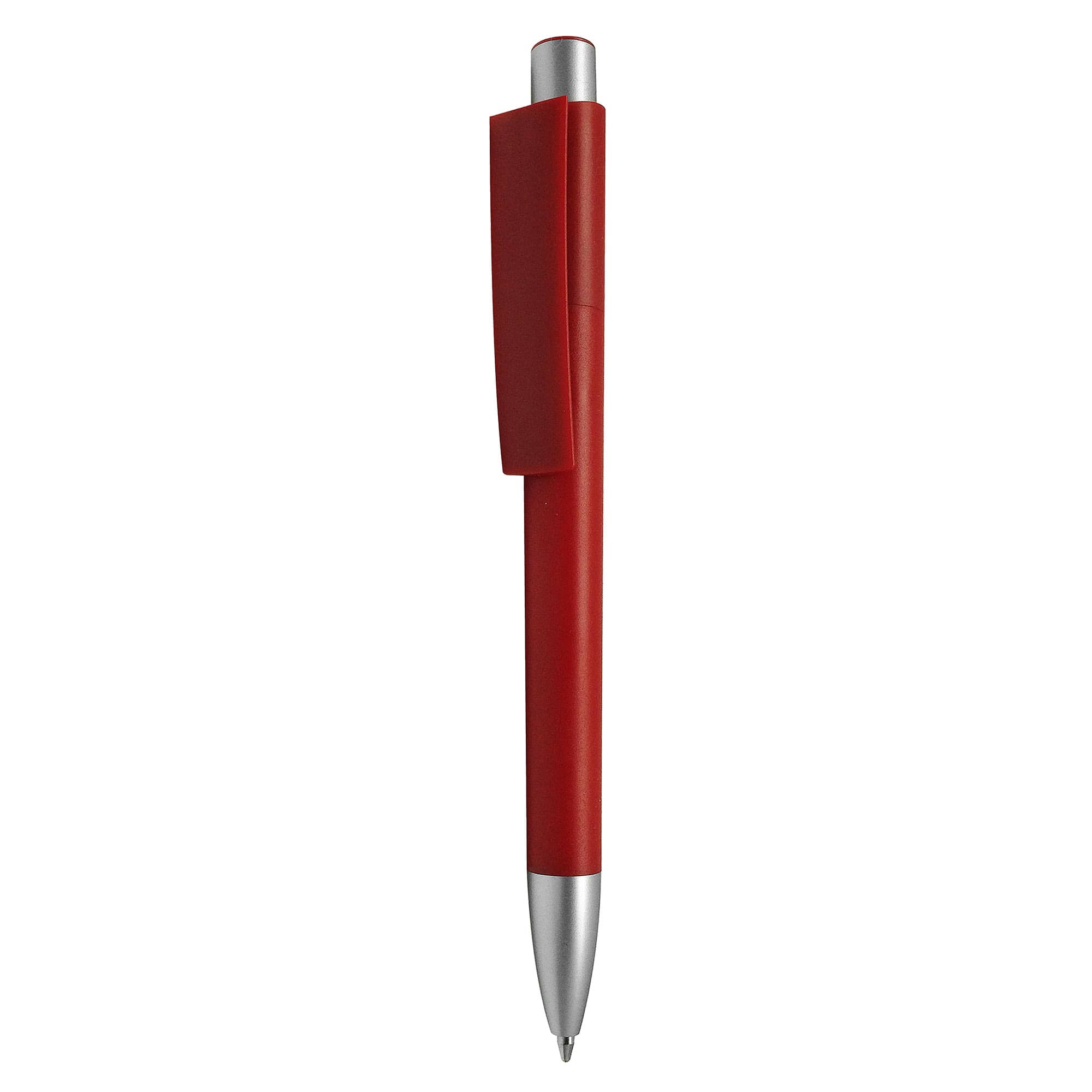 A red plastic pen with a silver clip, featuring a simple, sleek design and a logo.