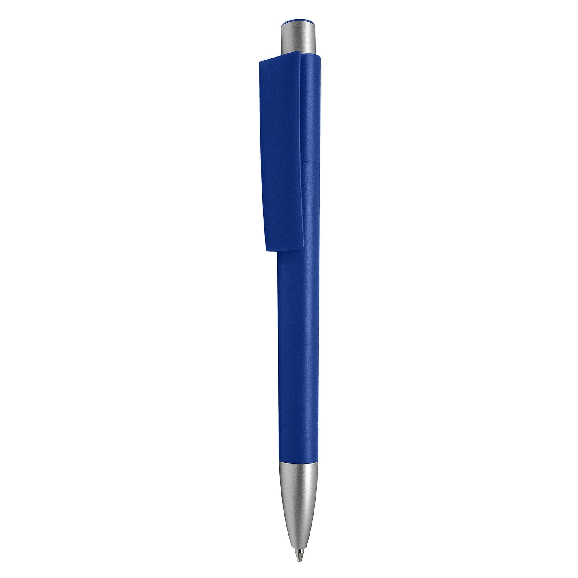 A blue plastic pen with a silver clip and tip, featuring a logo on its body.