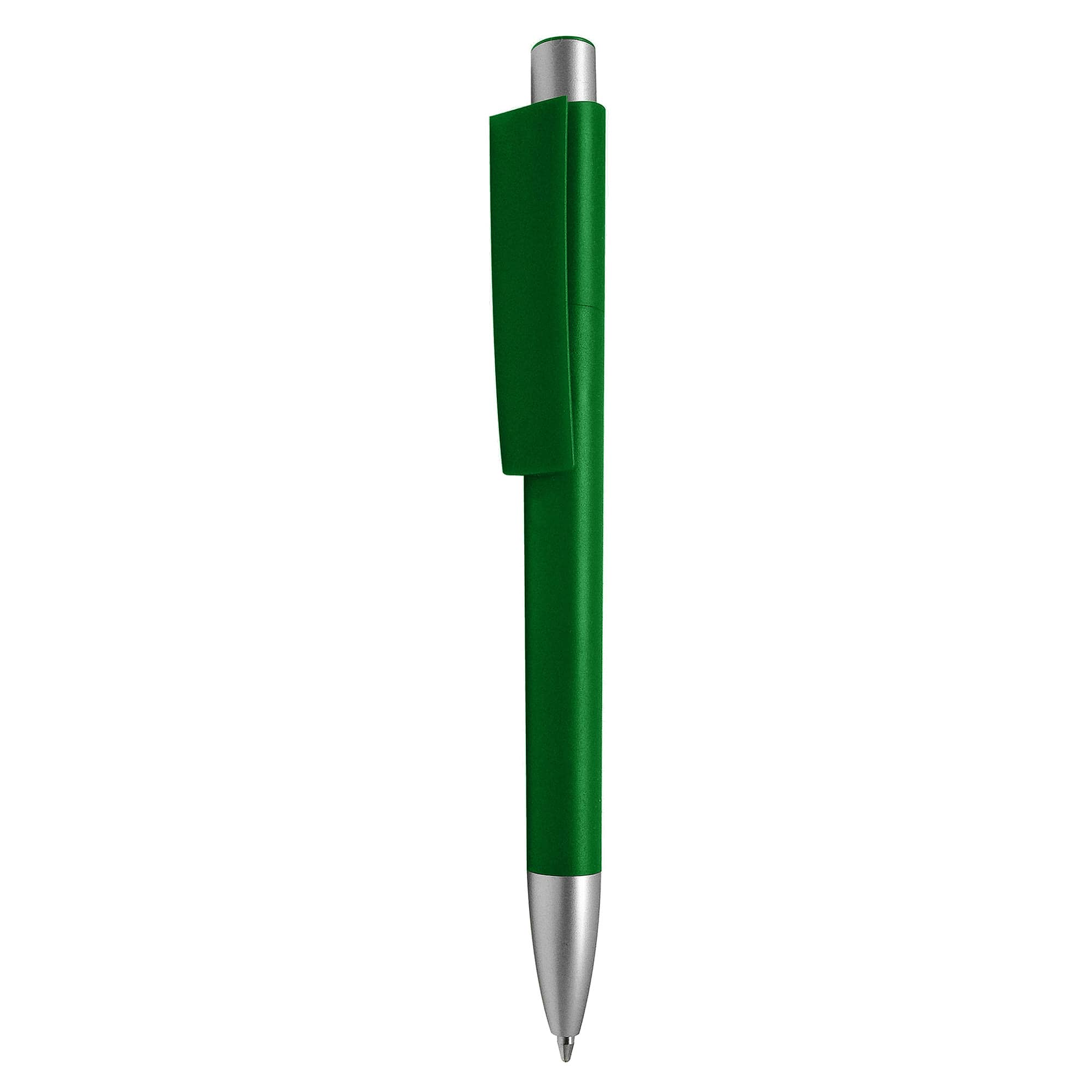 A green plastic pen with a silver clip and tip, featuring a logo on the side.