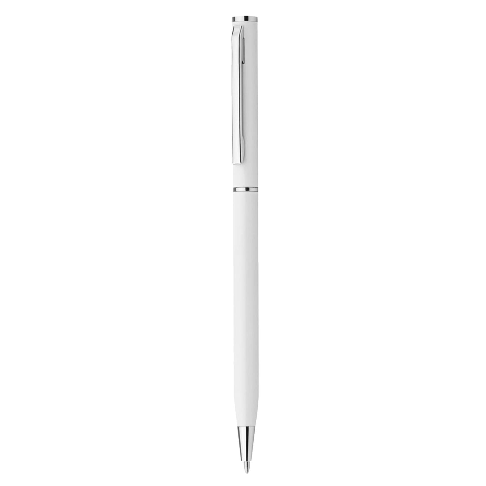 A white plastic pen with a silver clip and trim, featuring a sleek design and a logo on the body.