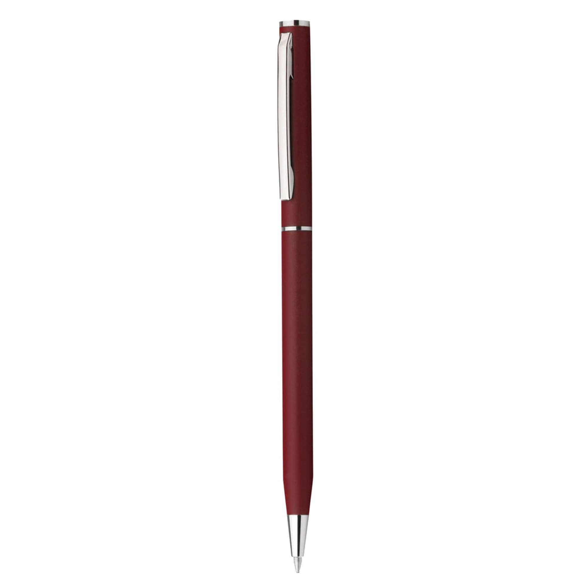 A burgundy plastic pen with a shiny silver clip and detailing, featuring a logo.