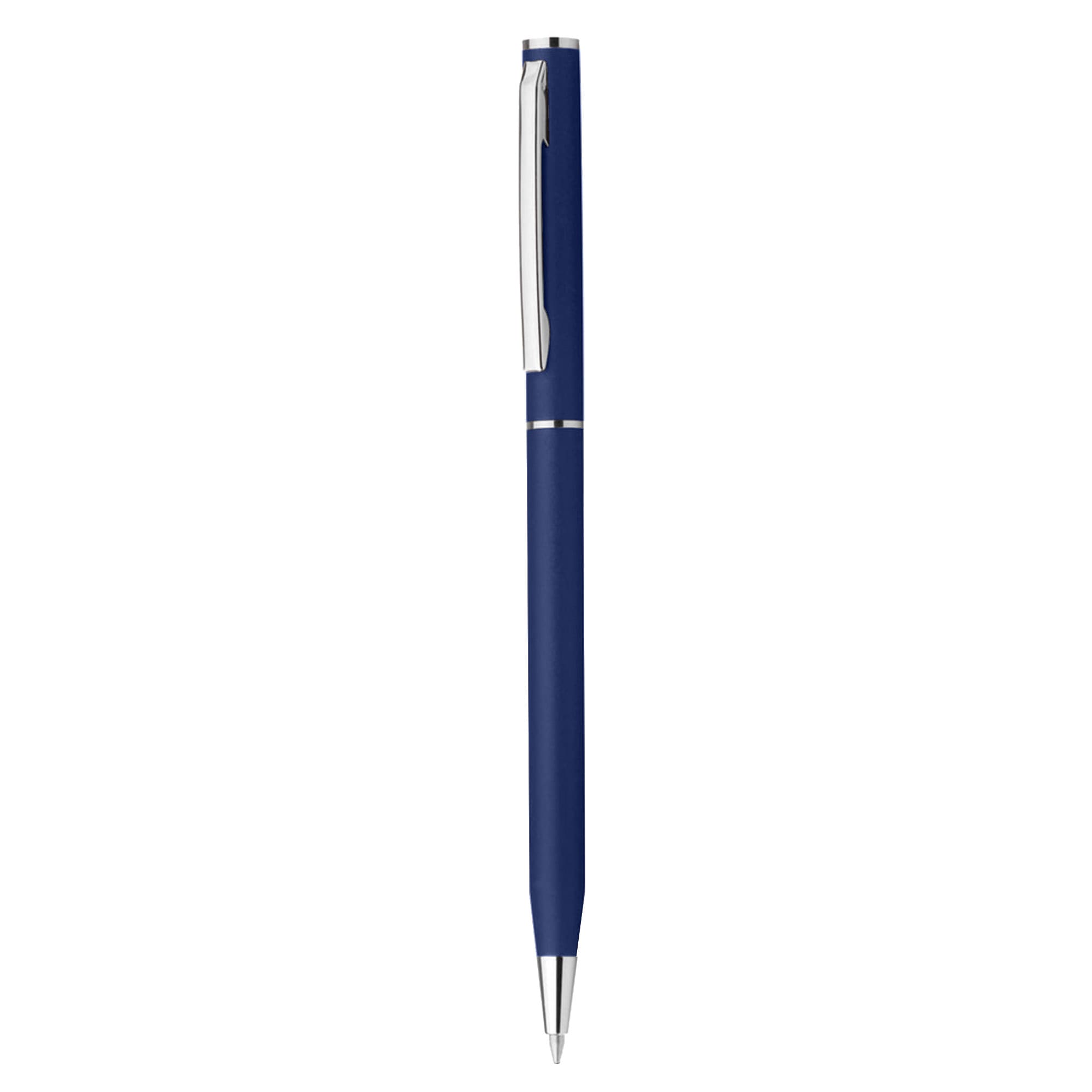 A navy blue plastic pen featuring a silver clip and trim, with a logo on its body.