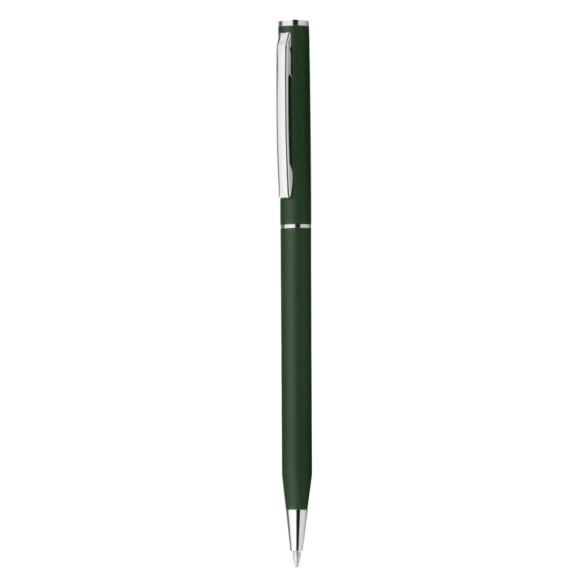 A green plastic pen with a shiny silver clip and accents, featuring a logo.