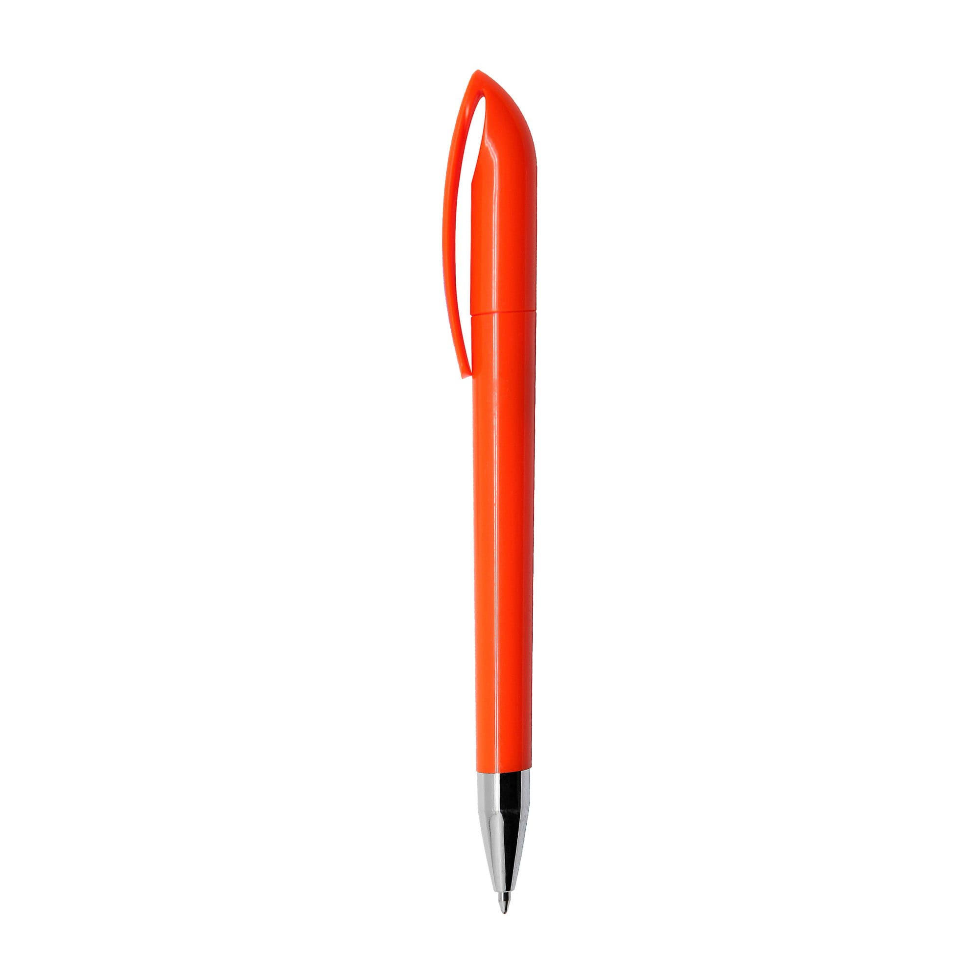 An orange plastic pen with a sleek design and a silver tip, featuring a clip for easy attachment.