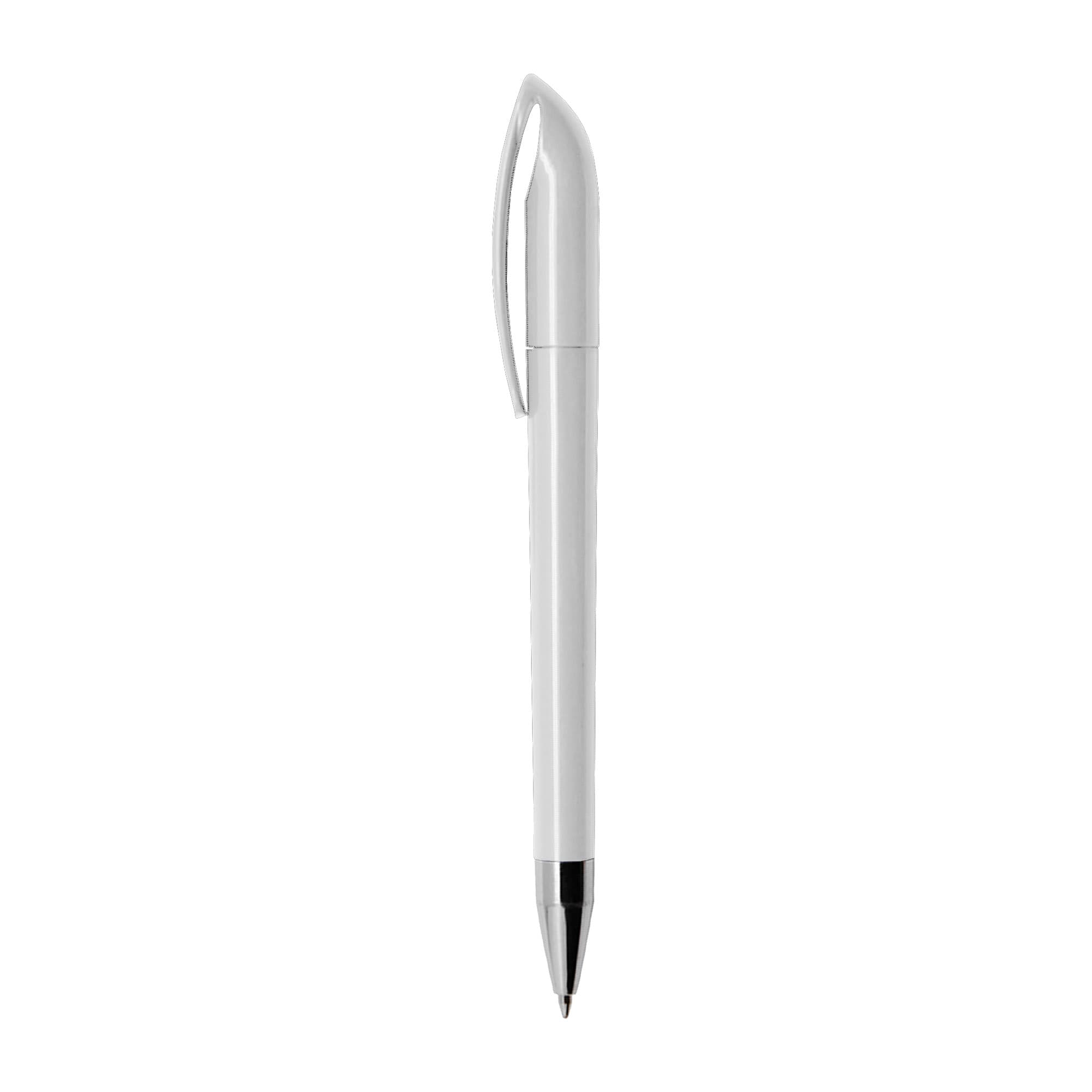 A plastic pen in white with a black tip and clip, featuring a logo.