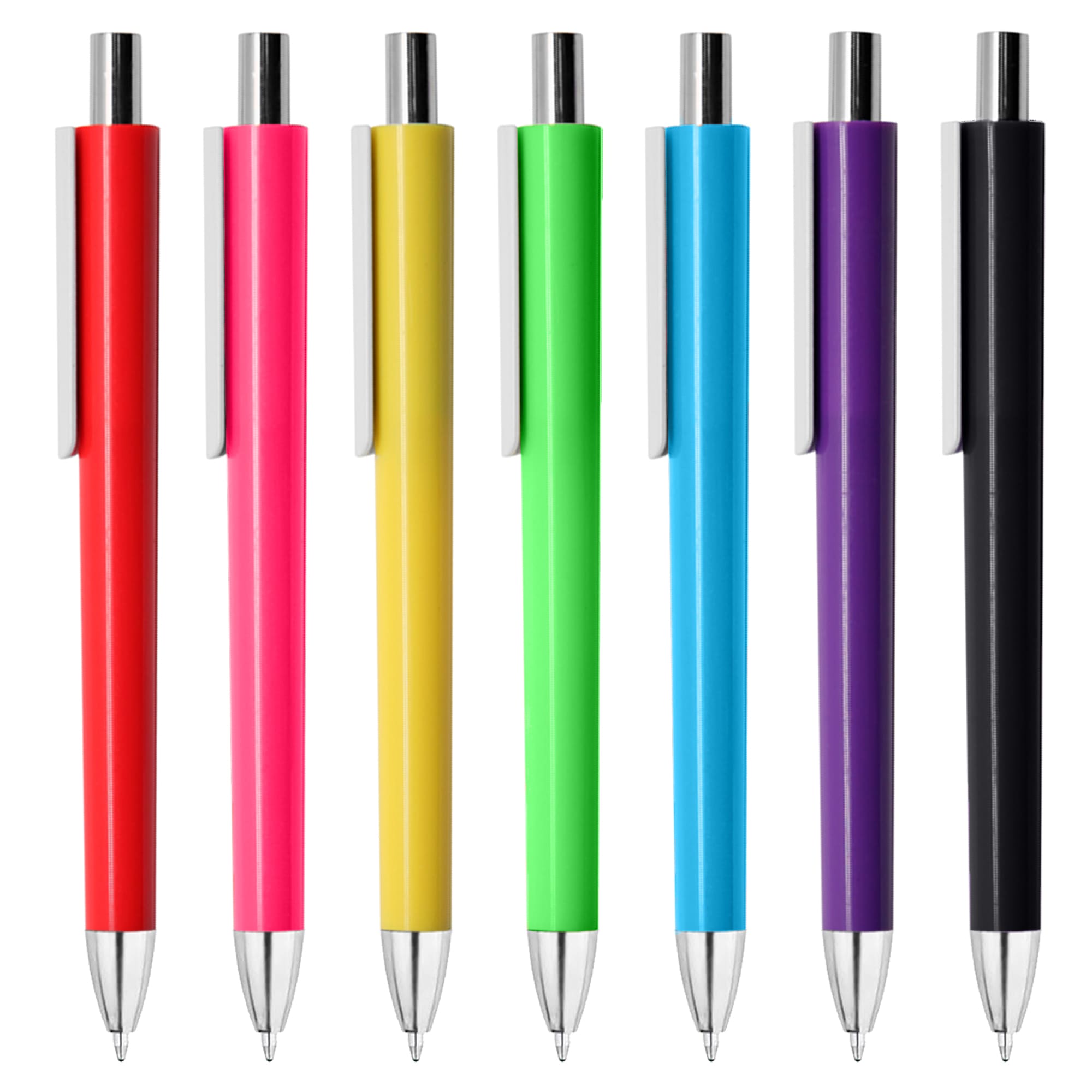 A collection of plastic pens in red, pink, green, yellow, and black, featuring a silver clip and tip, with a logo.