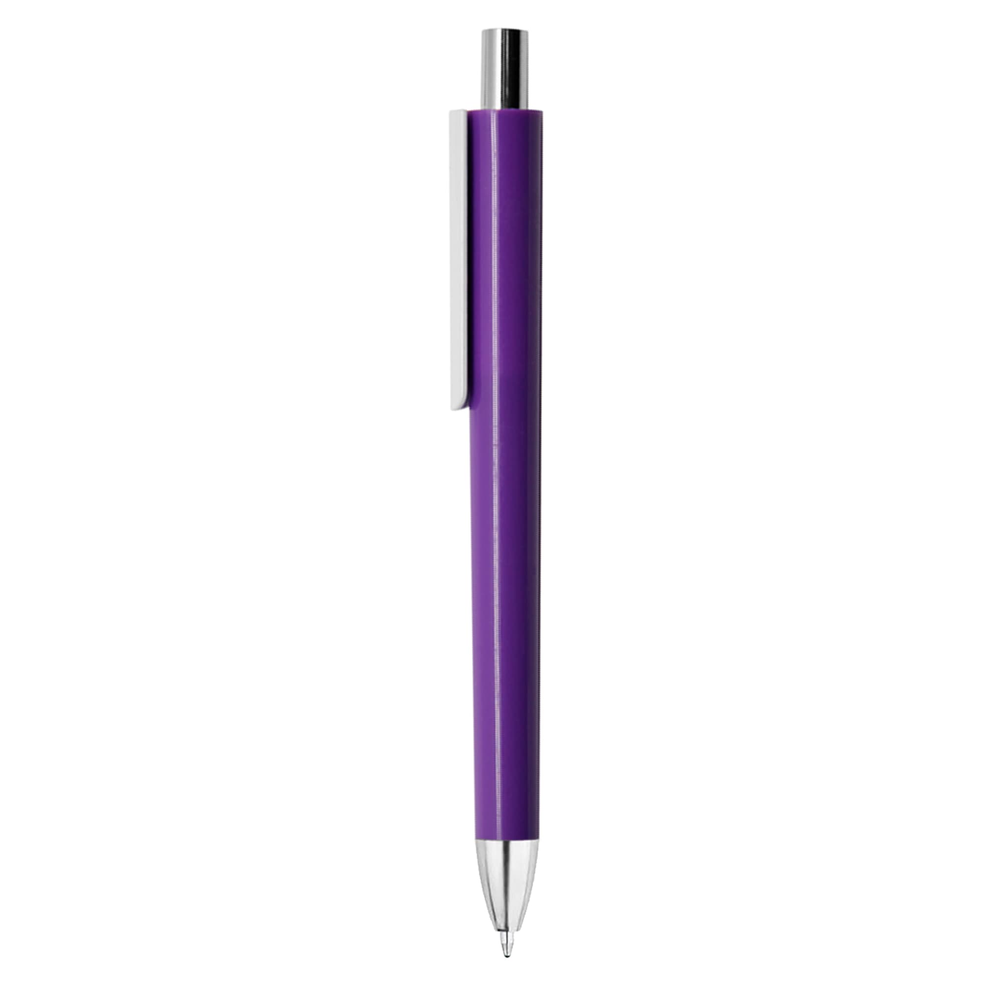 A purple plastic pen with a chrome clip and a metallic accent near the tip, featuring a branding logo.