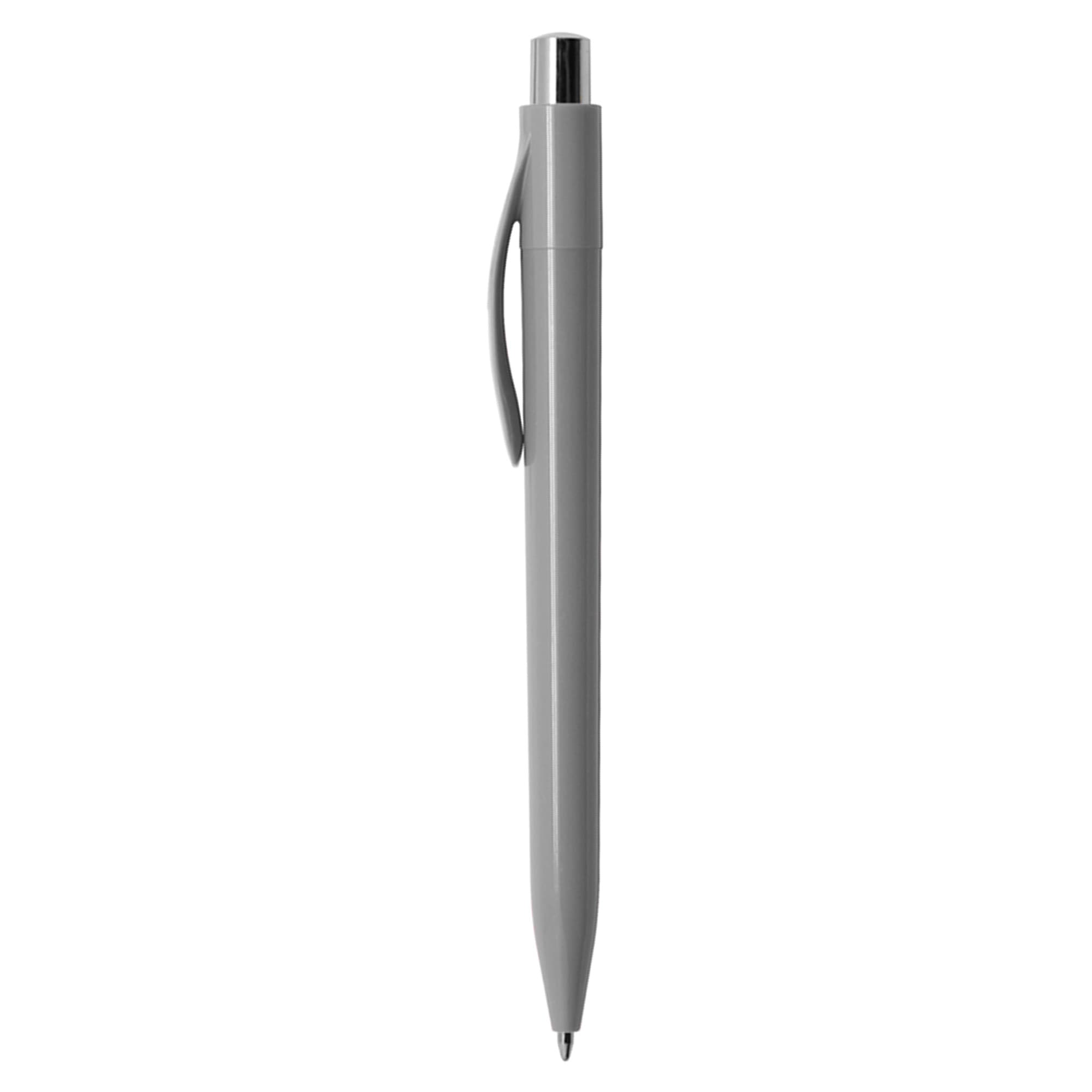 A grey plastic pen with a clip and a shiny silver tip, featuring a logo.