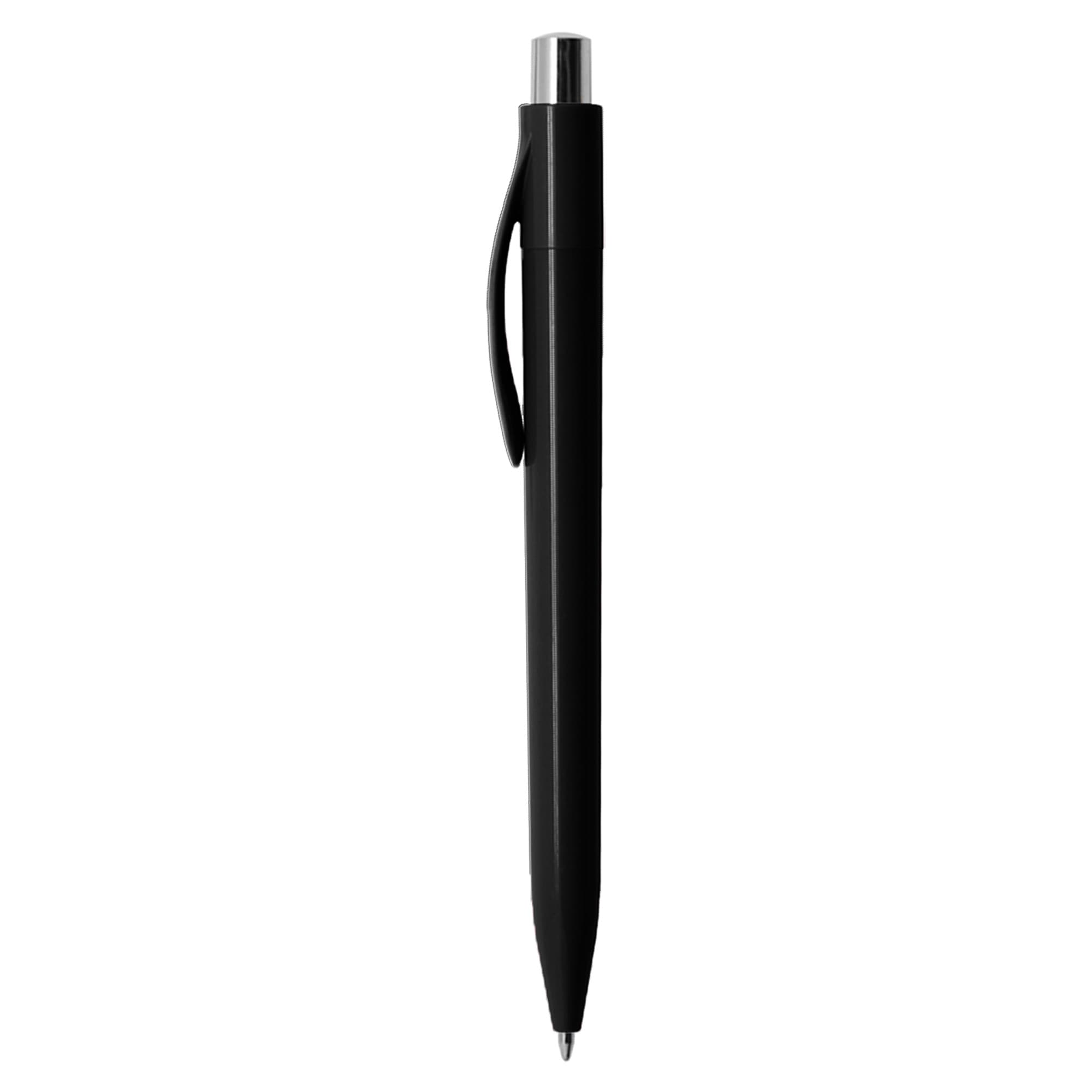 A black plastic pen with a silver clip and tip, featuring a simple design and an attached pocket clip.