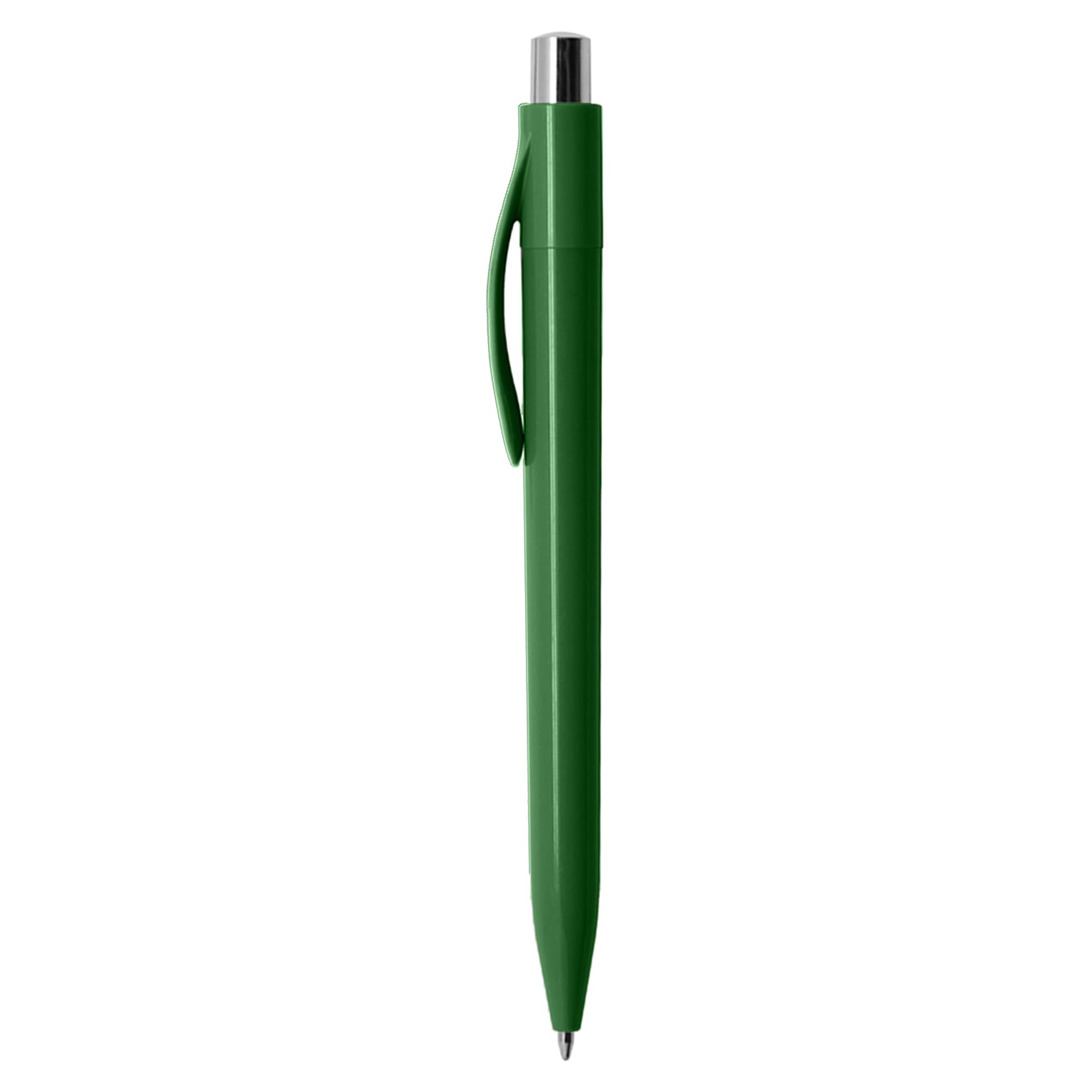 A green plastic pen with a silver tip and a clip. The pen has a sleek, simple design and includes a logo.