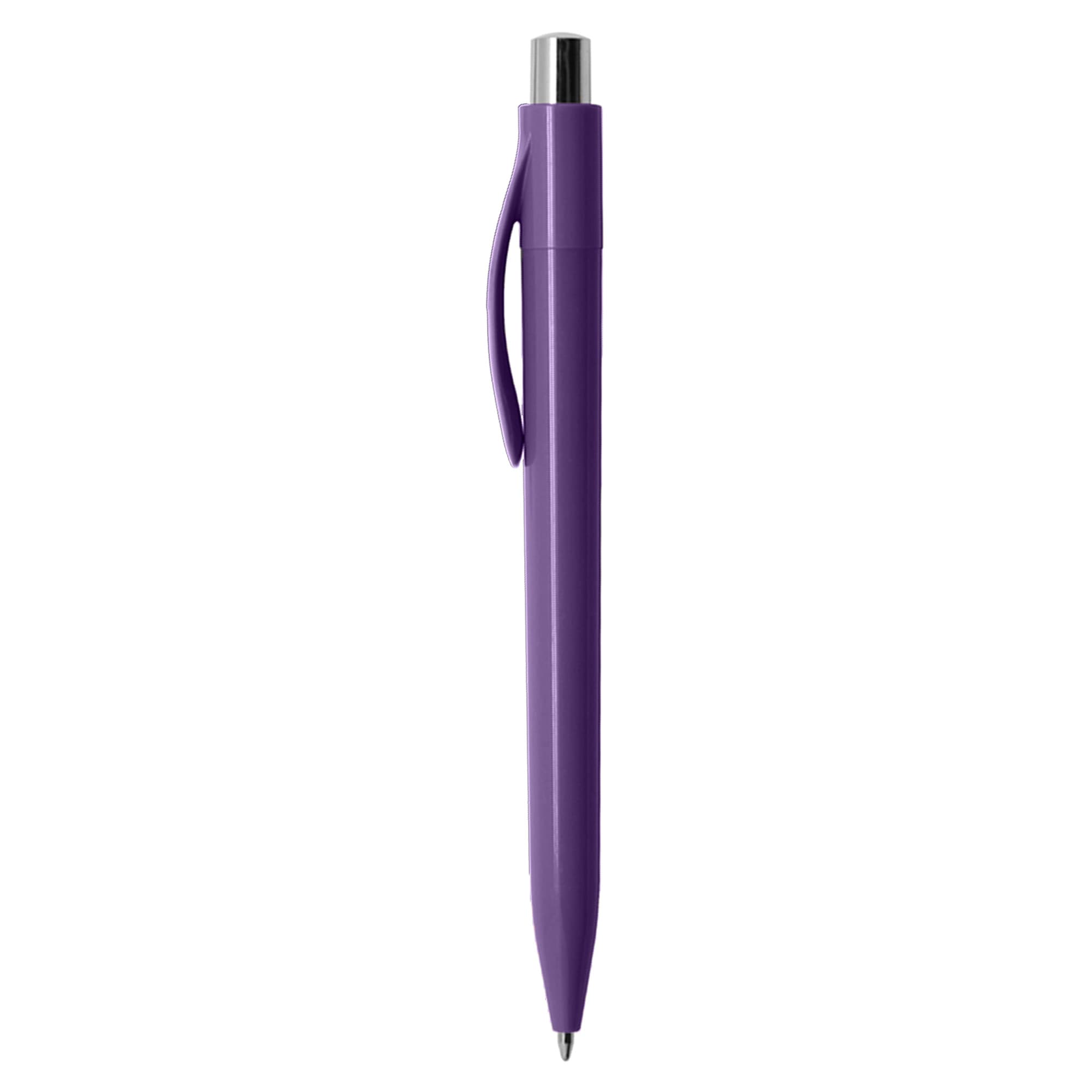 A purple plastic pen with a silver clip and tip, featuring a logo on the barrel.