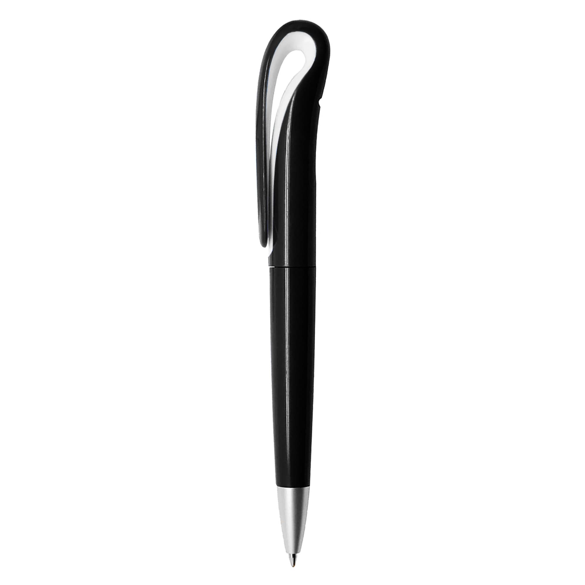 A plastic pen in black with a distinctive sleek design and a silver tip, featuring a branding logo.