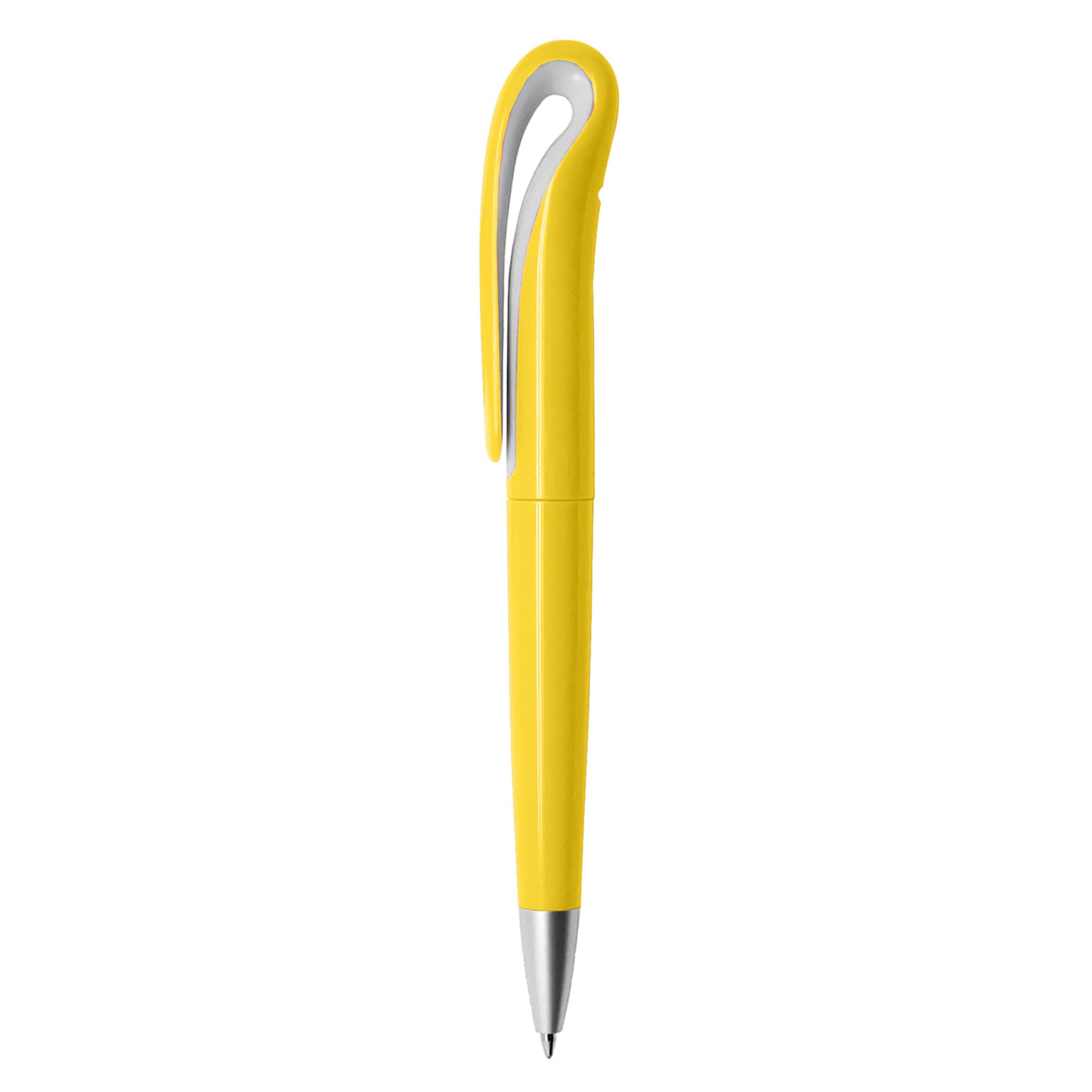 A yellow plastic pen with a sleek design and a silver clip. It features a logo on the body.