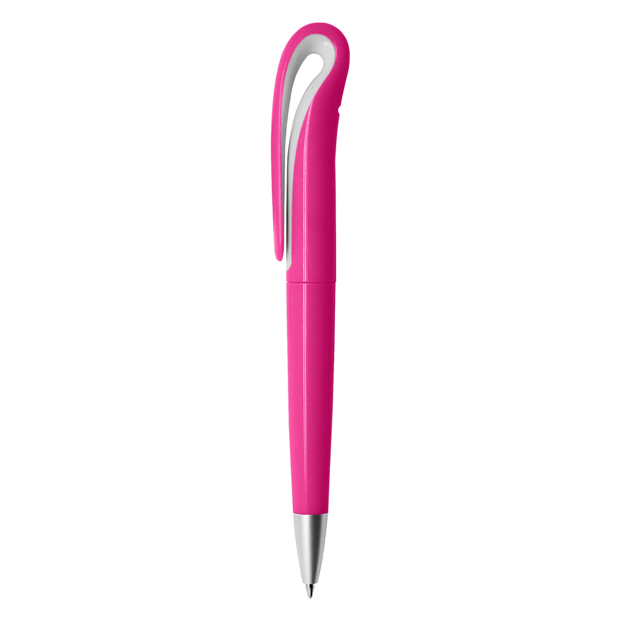 A pink plastic pen with a unique curved clip and a silver tip, featuring a logo.