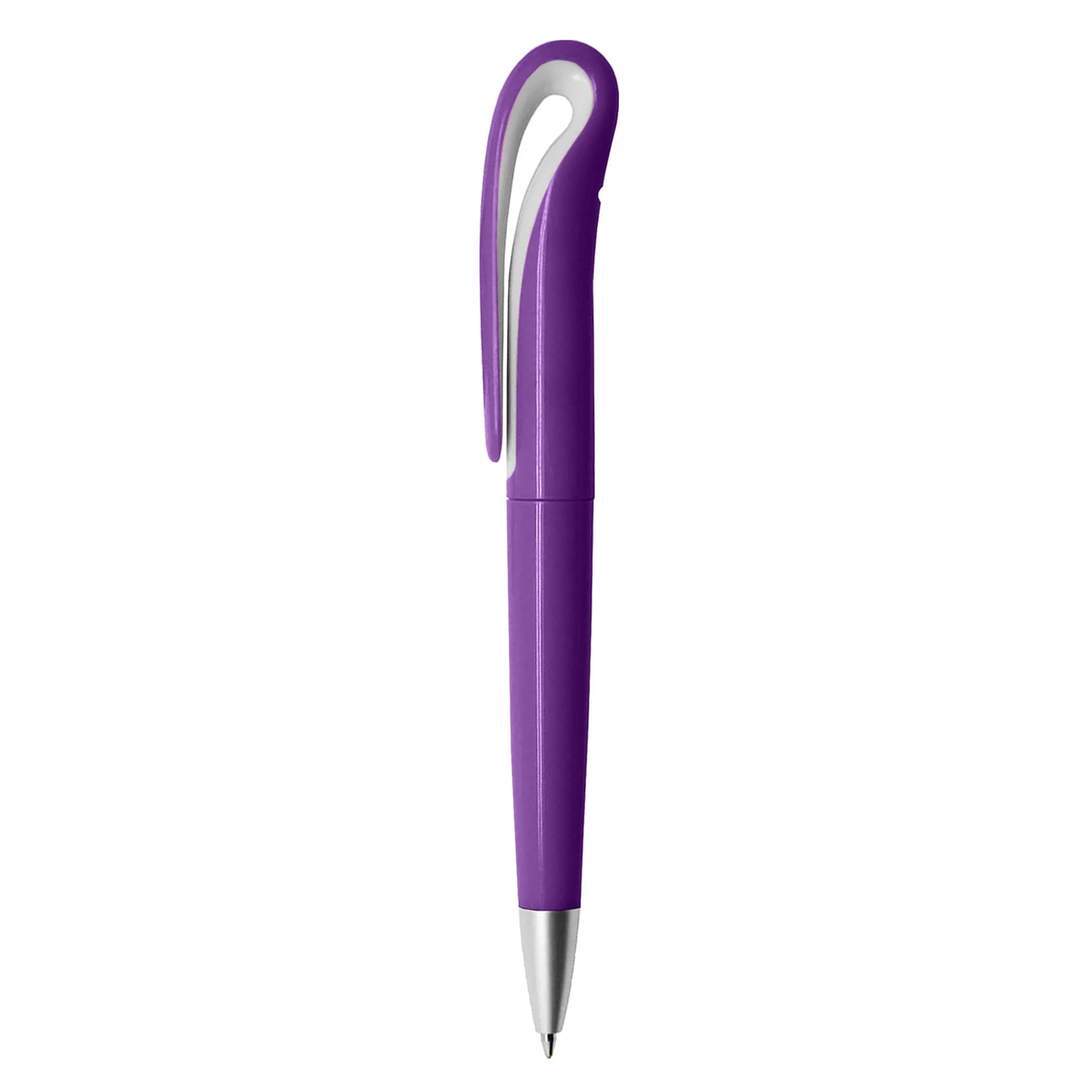 A plastic pen in vibrant purple with a distinctive curved clip and metallic tip. It features a logo on the barrel.