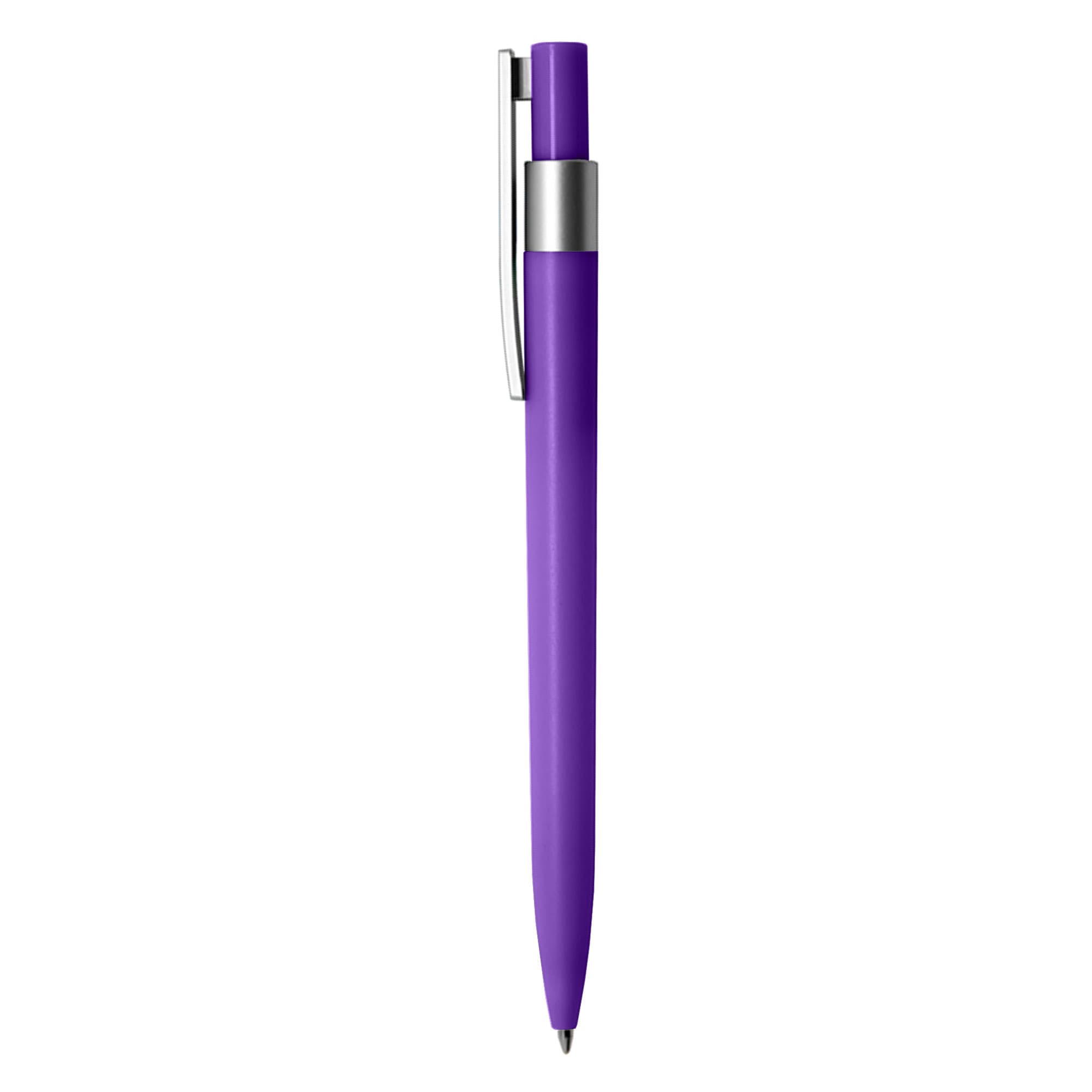 A purple plastic pen with a silver clip and a sleek design, featuring a branding logo.
