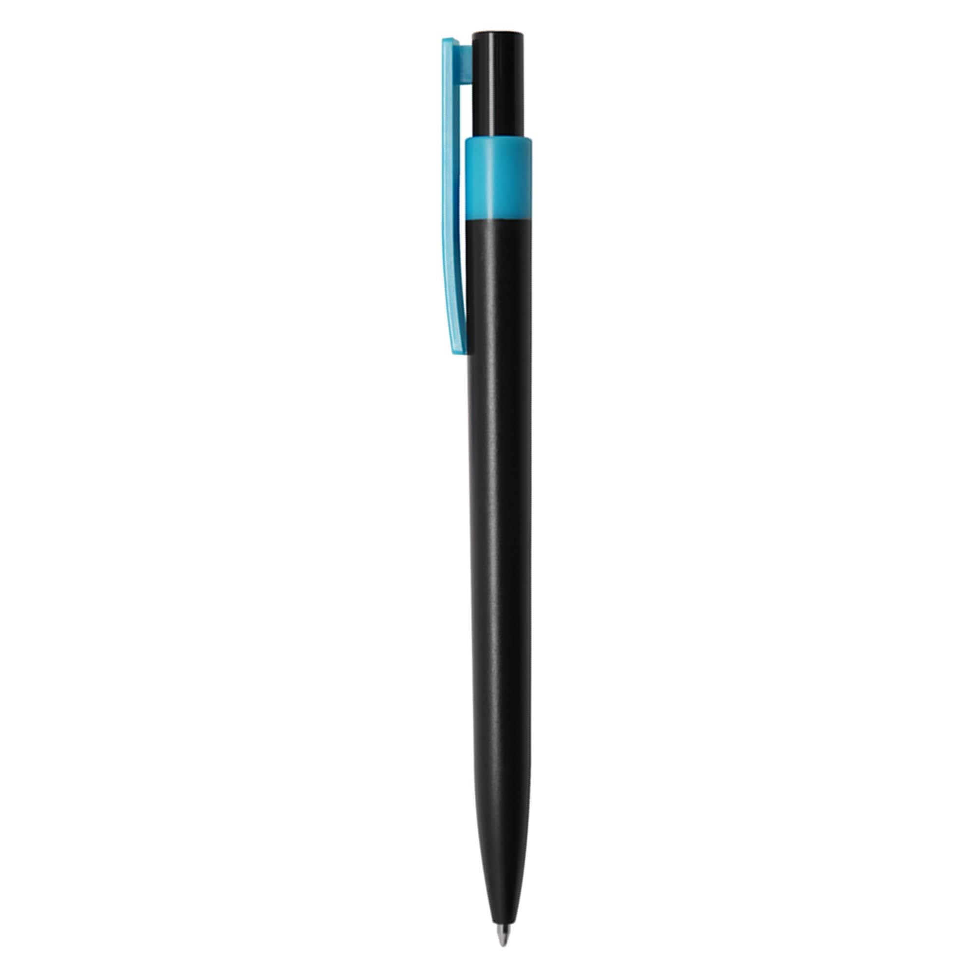 A plastic pen with a black barrel and a blue clip, featuring a logo on the body.