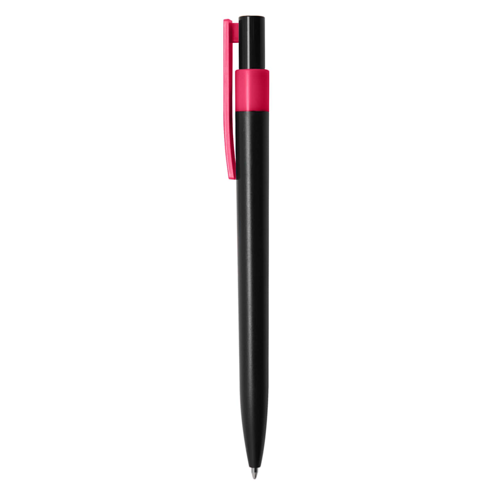 A plastic pen in black with a pink clip, featuring a logo or branding.