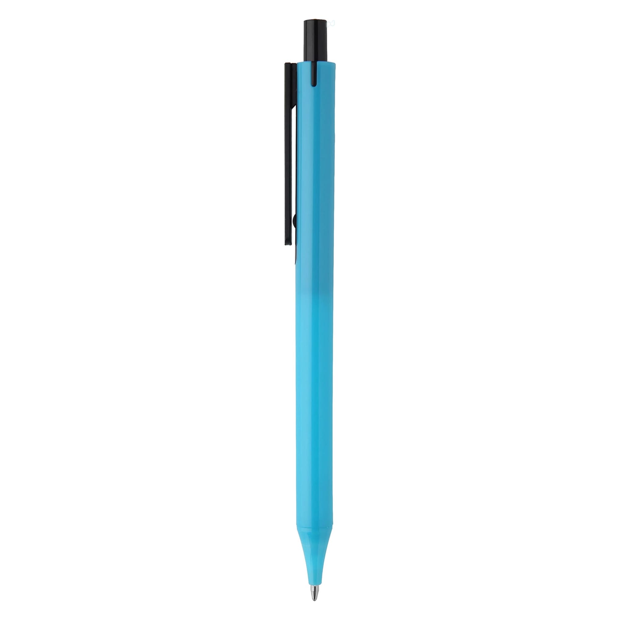 A plastic pen in a gradient of blue with a black clip and tip. Features a logo on the body.