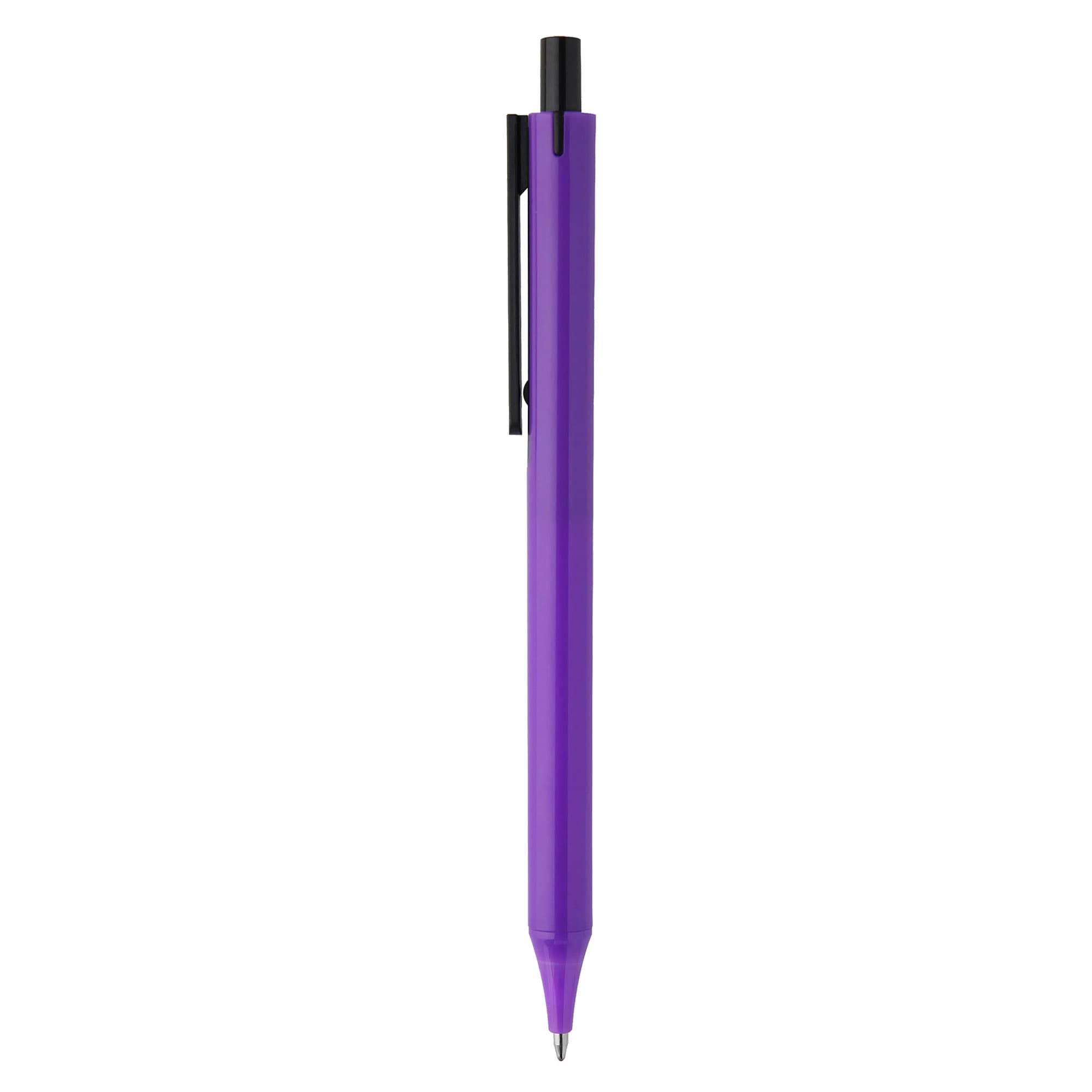 A purple plastic pen with a black clip and a branding logo on the body.