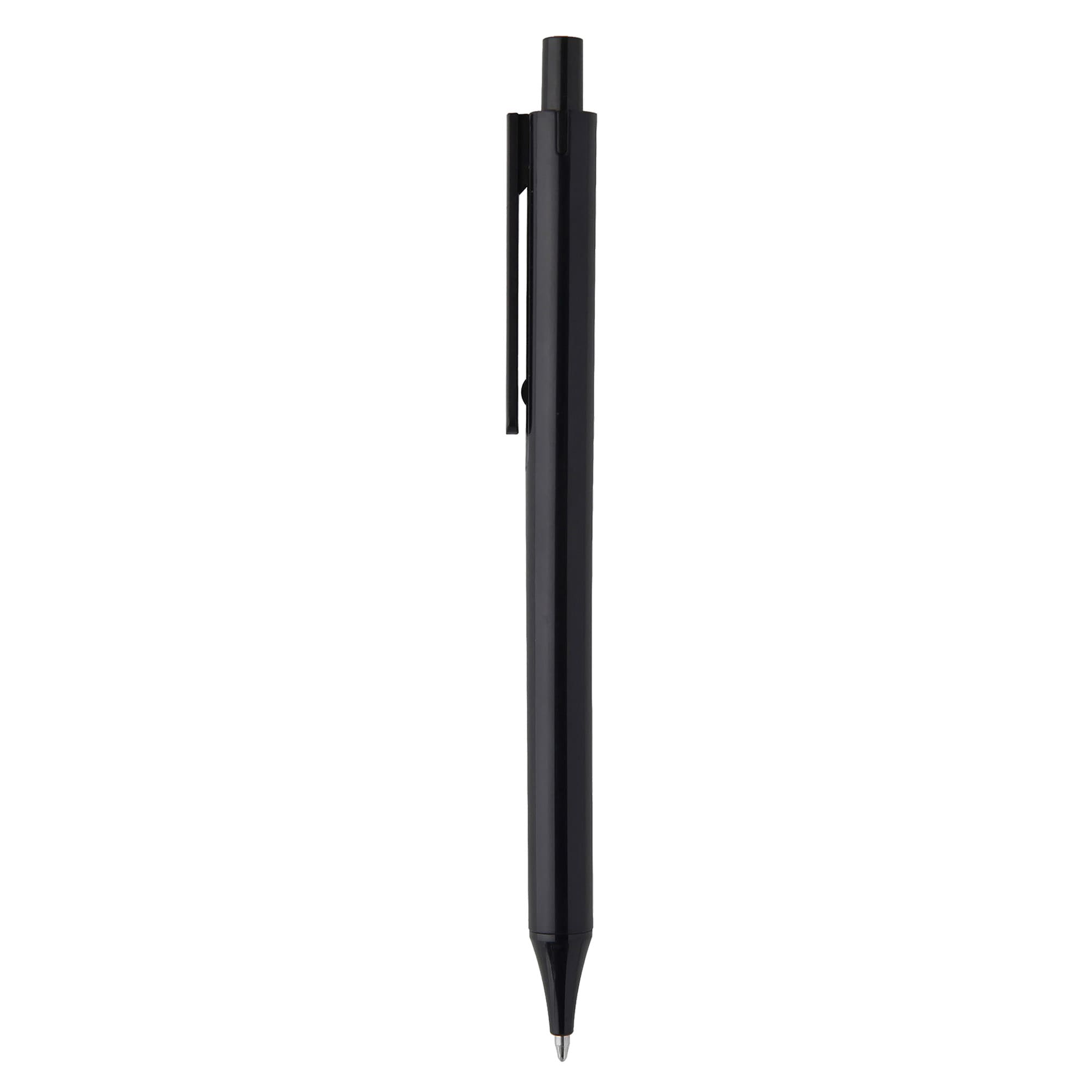 A black plastic pen with a clip and a retractable tip. It features a logo along the side.